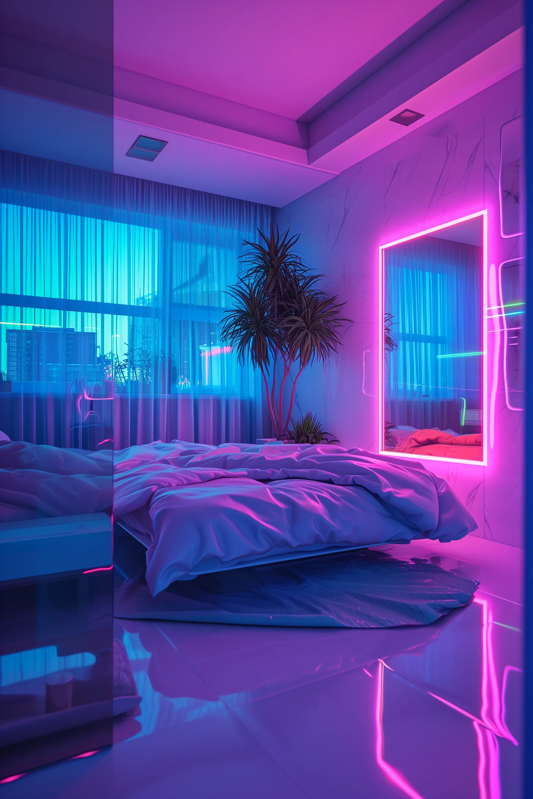 A futuristic bedroom with pink neon lights