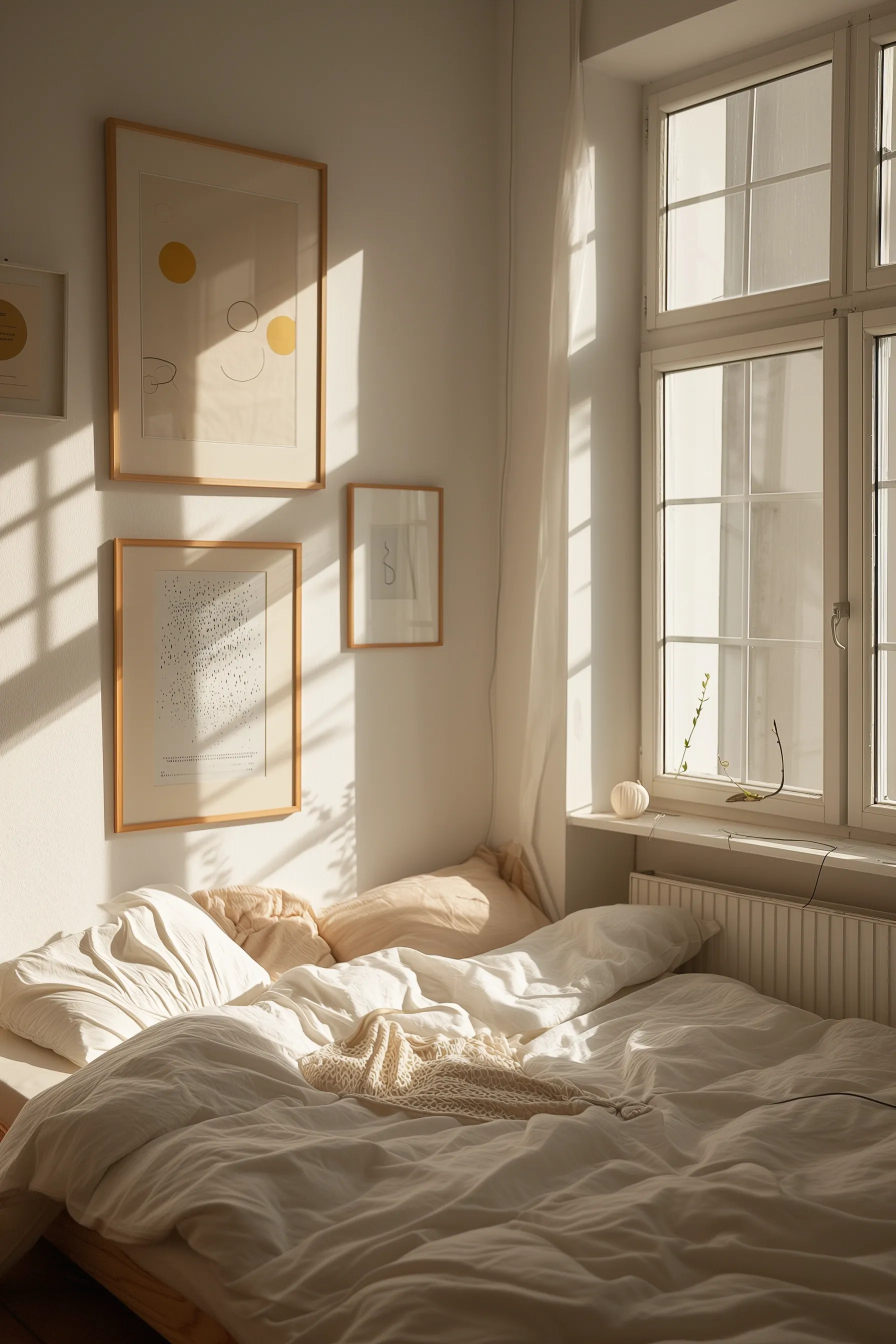A white bedroom with wall art