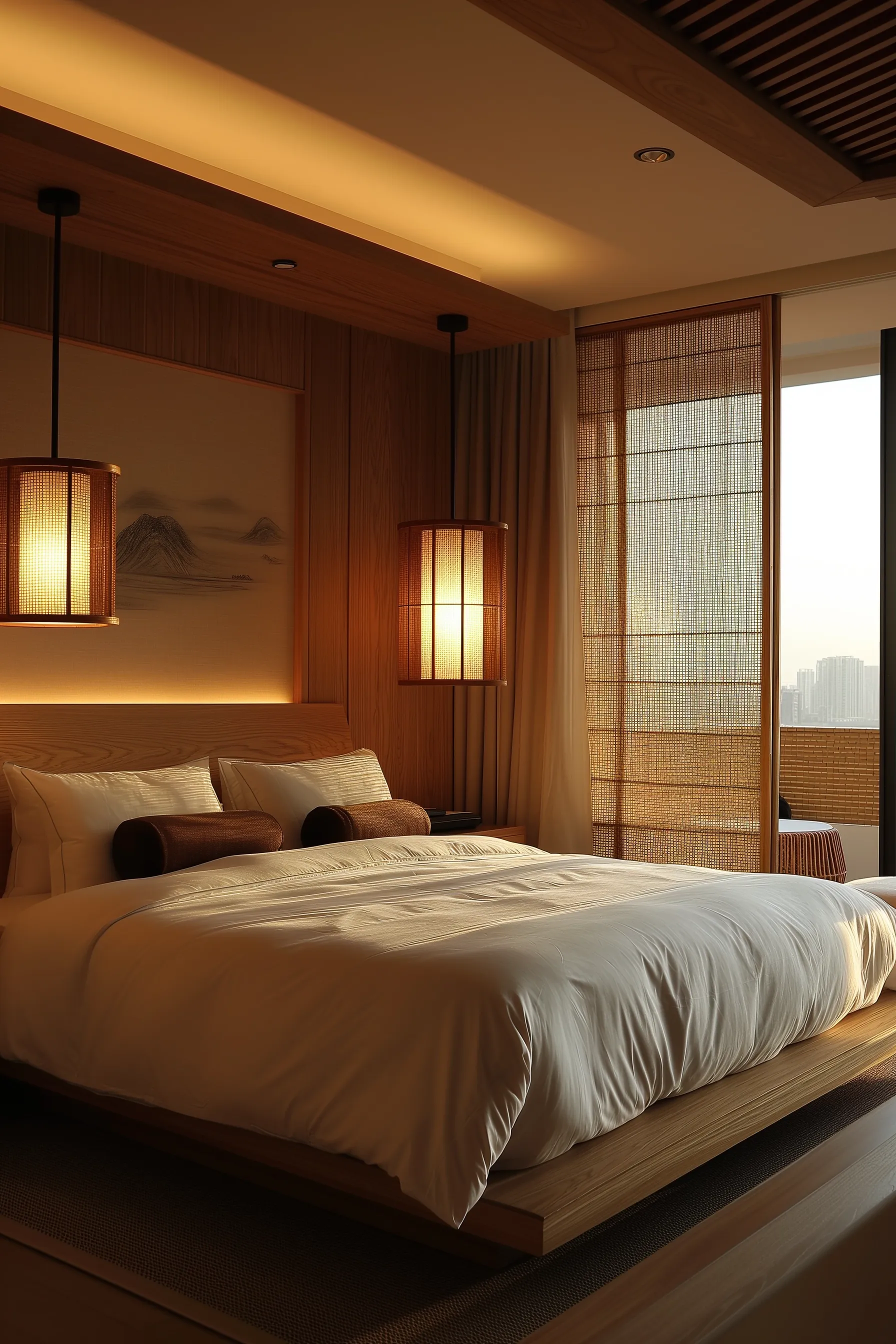 A warm bedroom with lantern lights