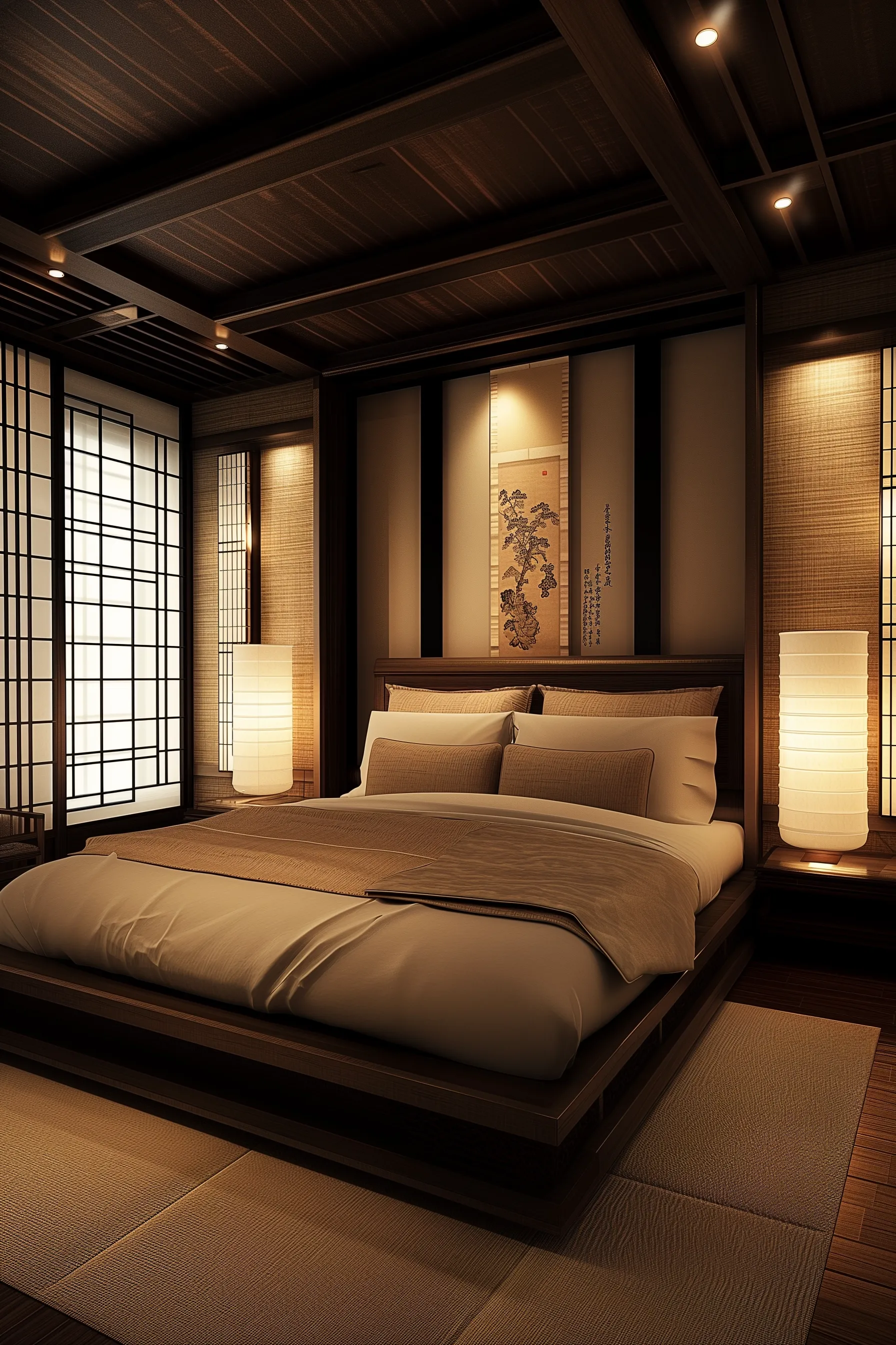 A room showcasing japanese style bedroom furniture with a low platform bed. There is asian wall art, with lots of pops of color. with burnt orange.
