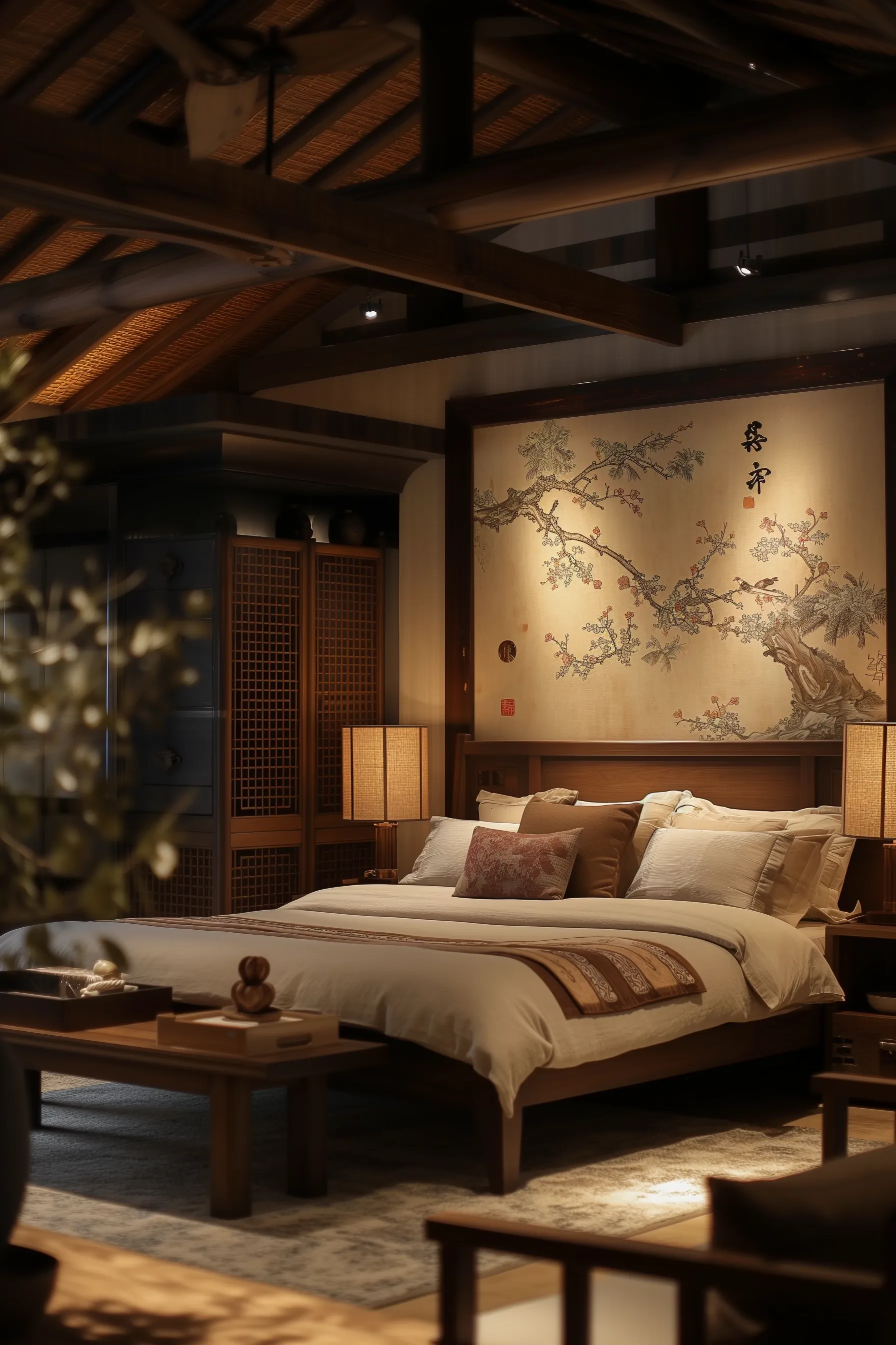 rectangular brown and white wooden coffee table in a japanese bedroom