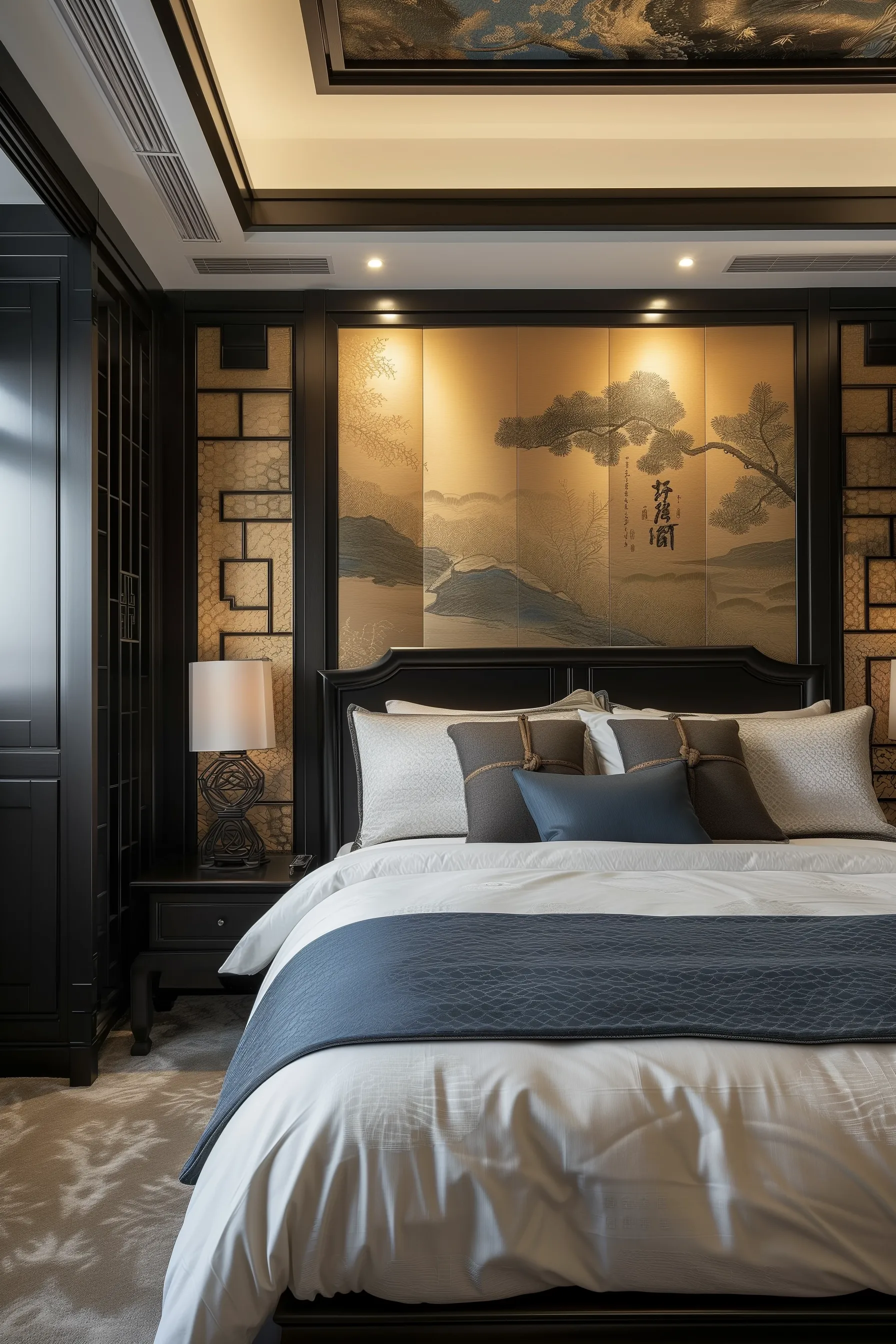 An asian bedroom with chinese dividers