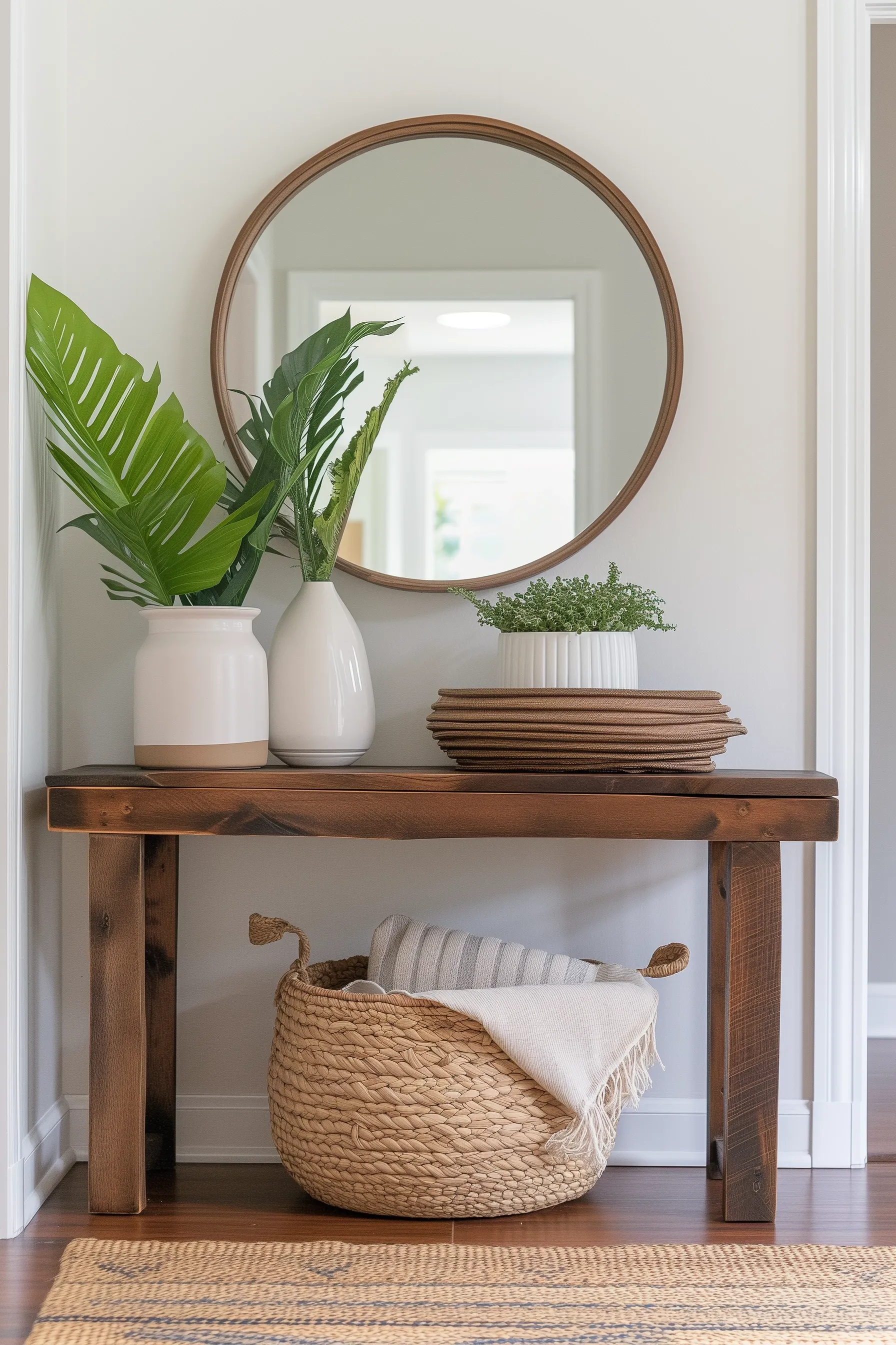 A wooden table with a big plant and circle mirror