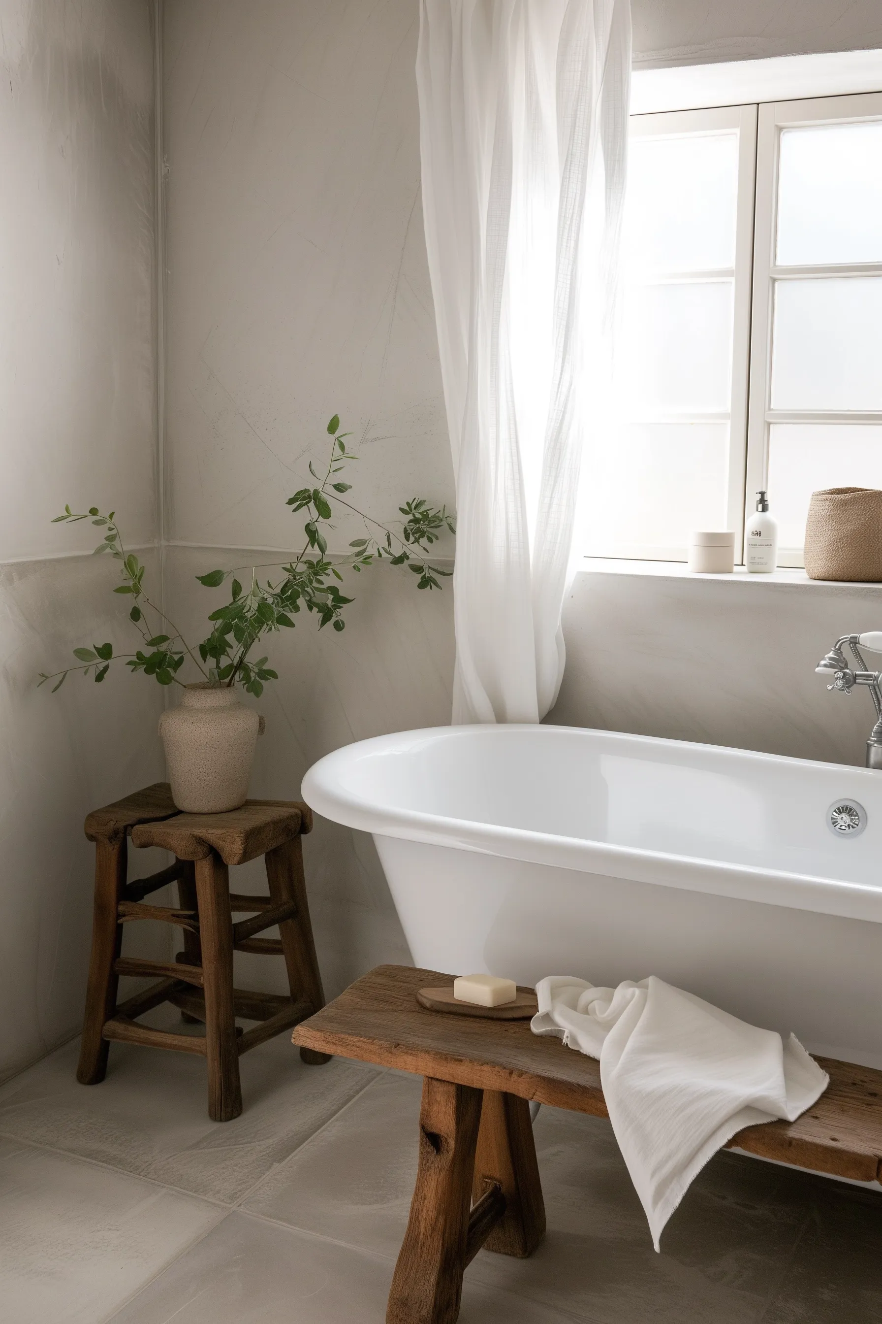 A white walled bathroom with rattan furniture and wooden accents