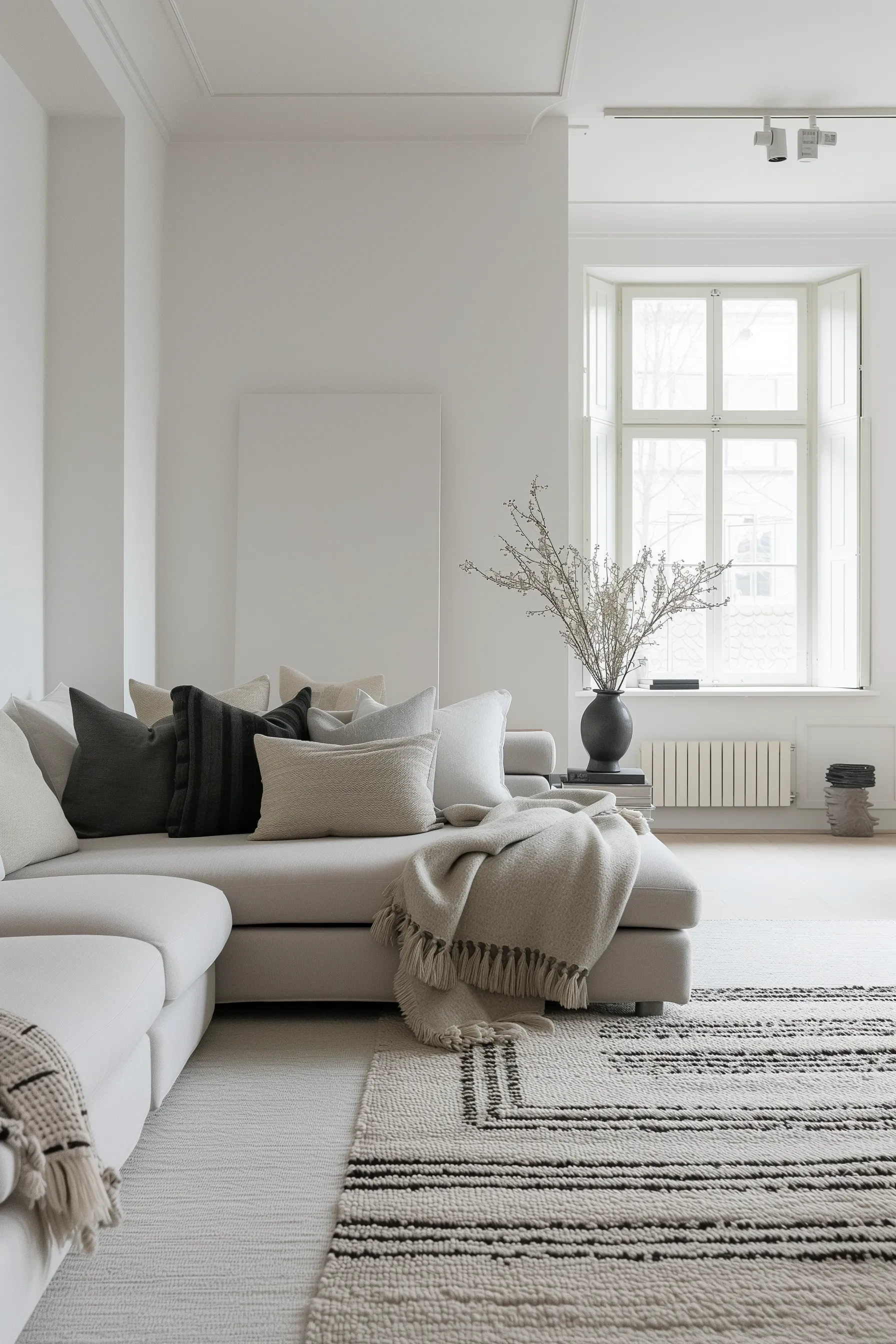A light grey couch with a textured area rug, full length mirror and a plant