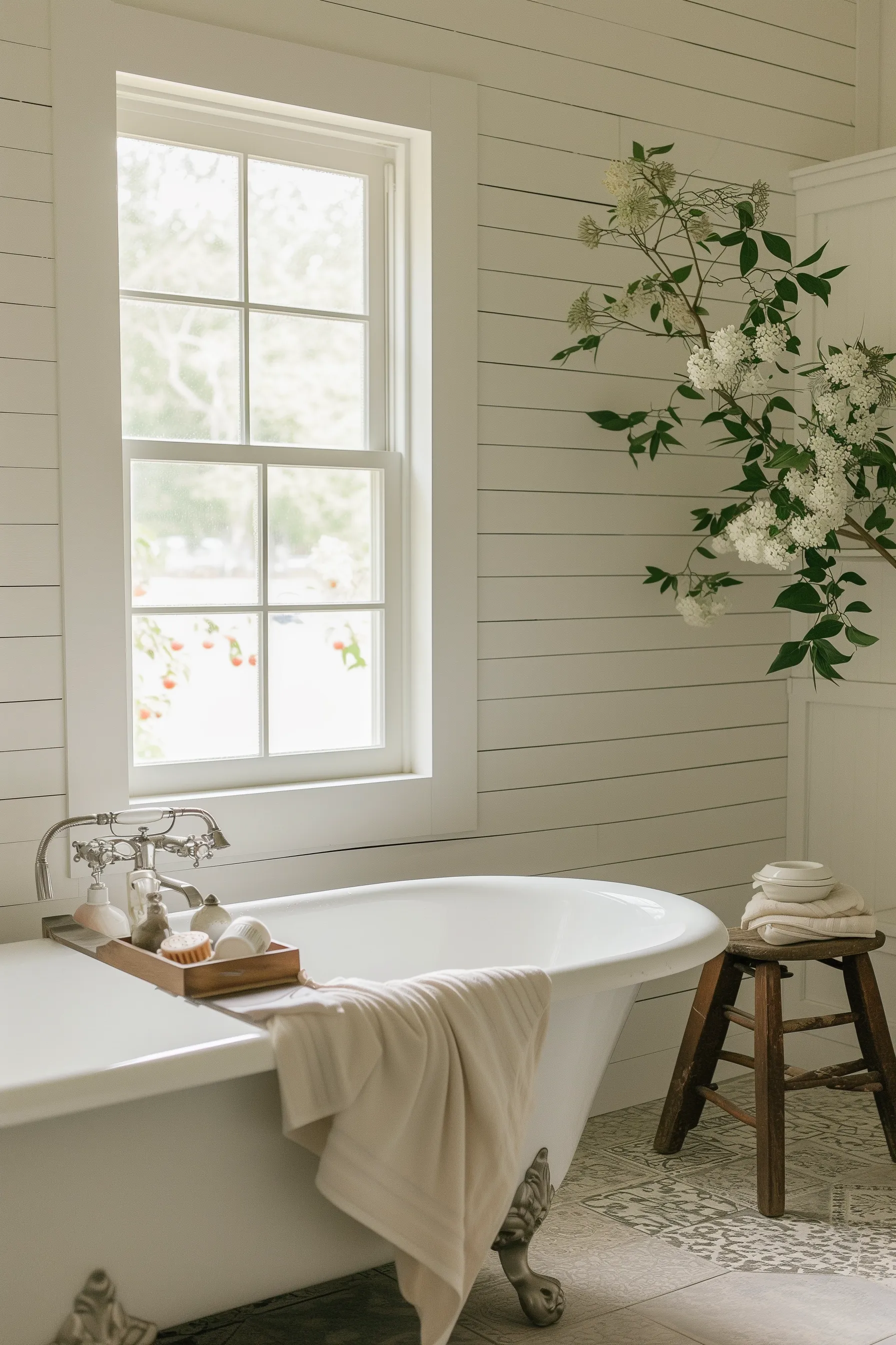 A farmhouse bathtub with tiled floor, a wooden stool and natural light.