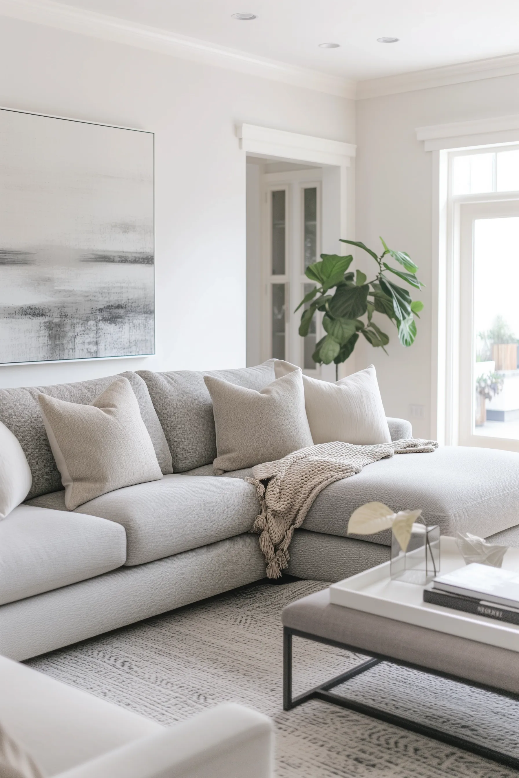 A grey sofa in a living room with neutral colors and a green plant