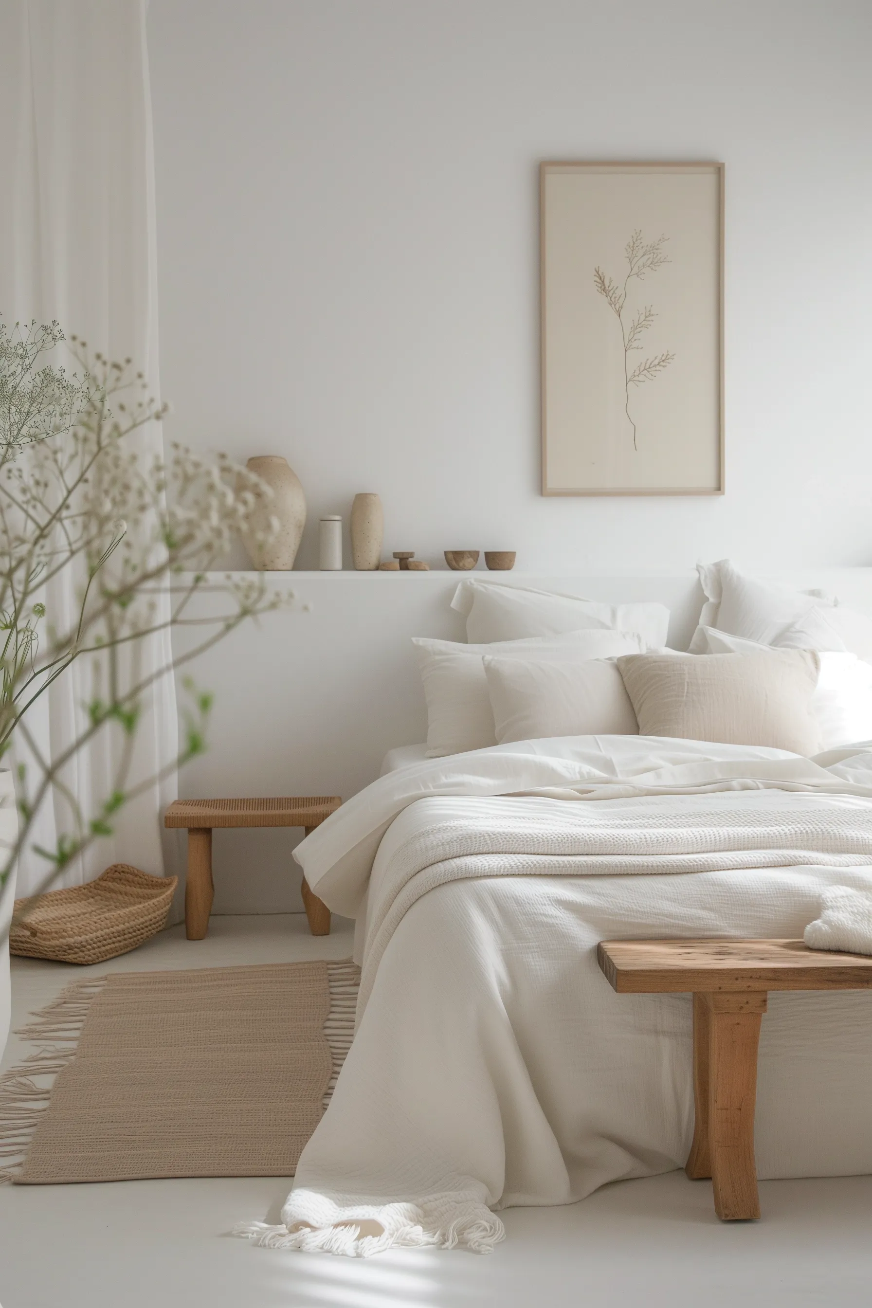 Brown rattan chairs in a cozy boho bedroom