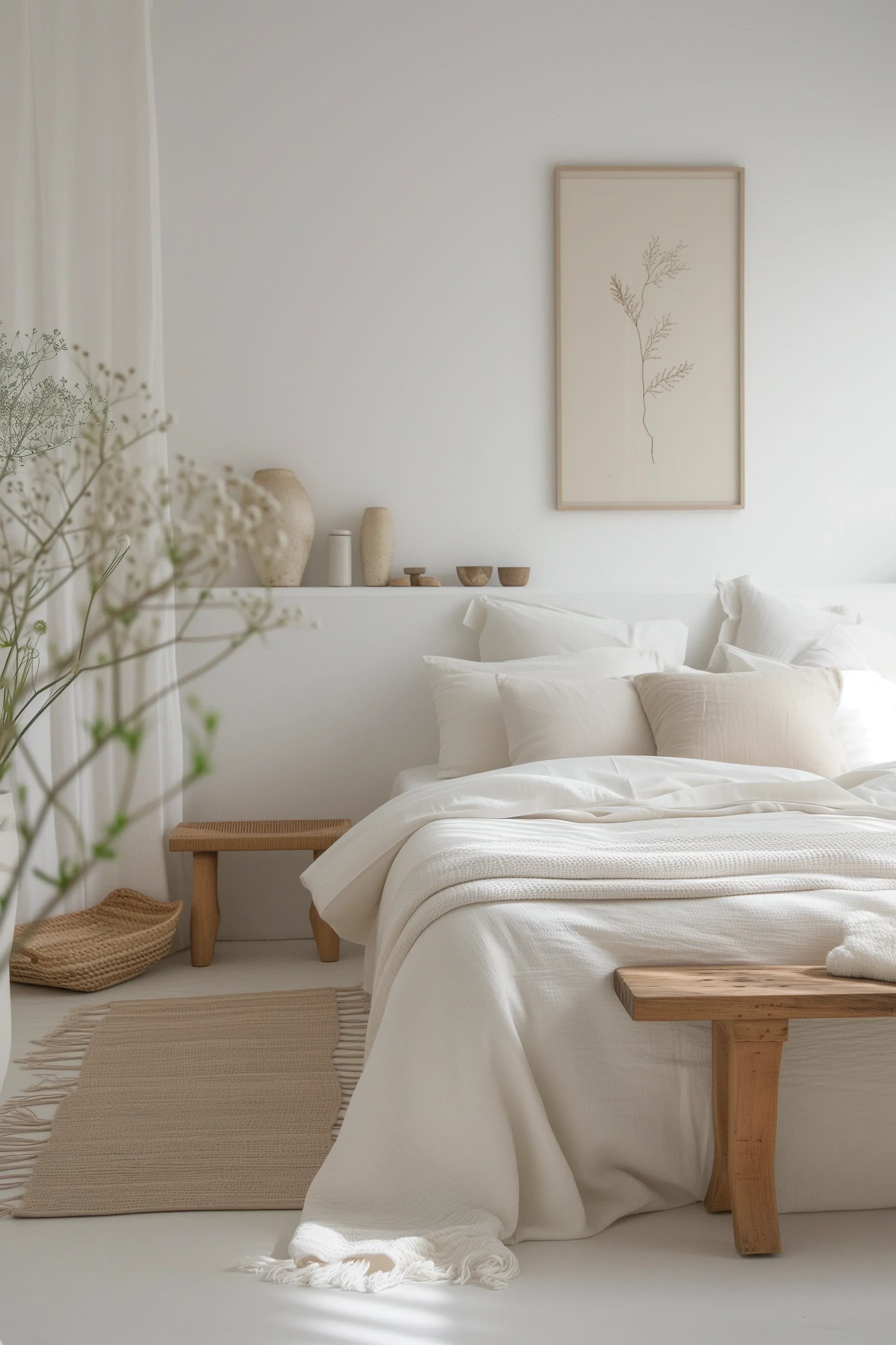 A white bedroom with wooden furniture