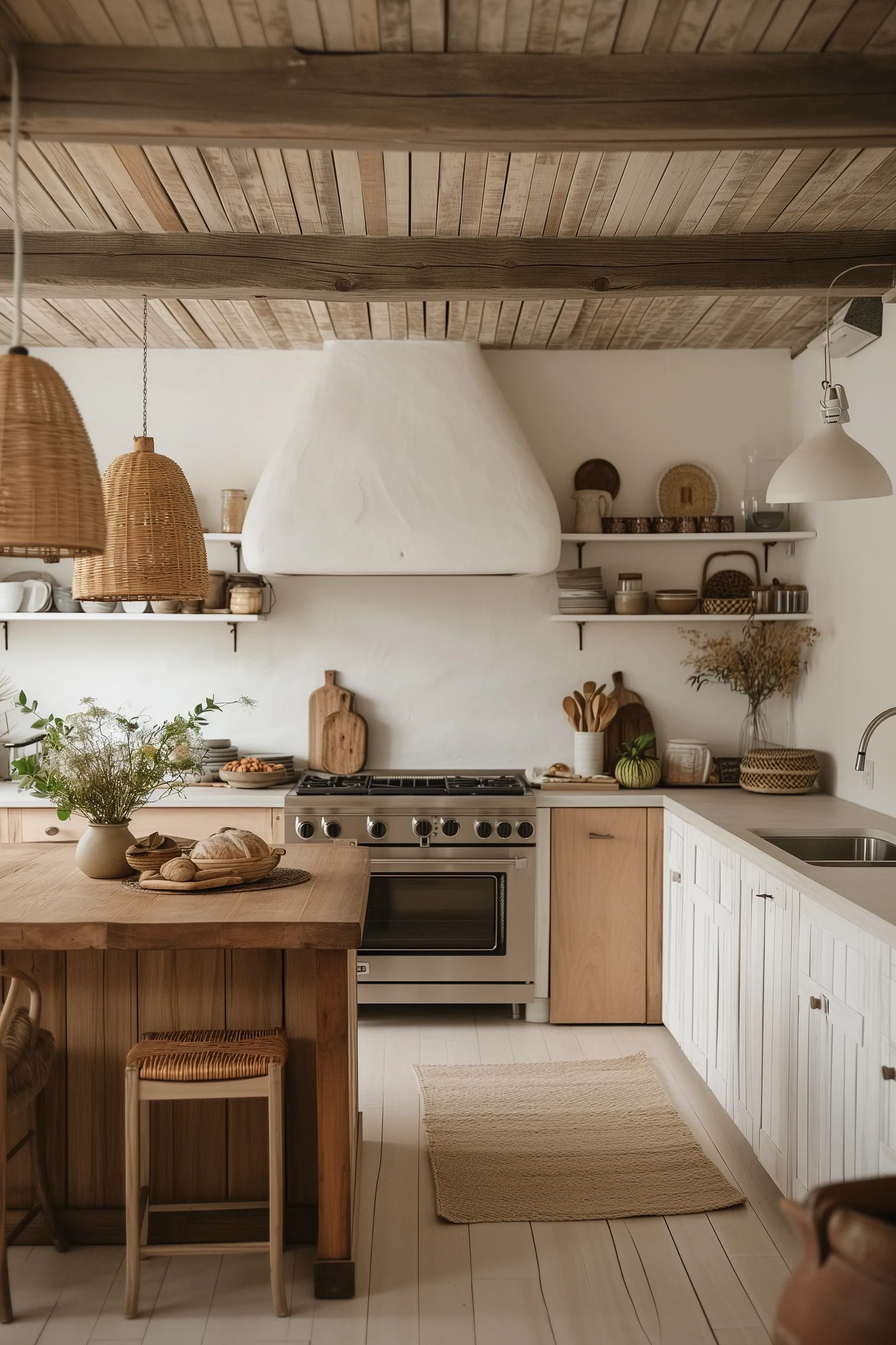 A modern kitchen with small Bohemian accents like a Bohemian rug