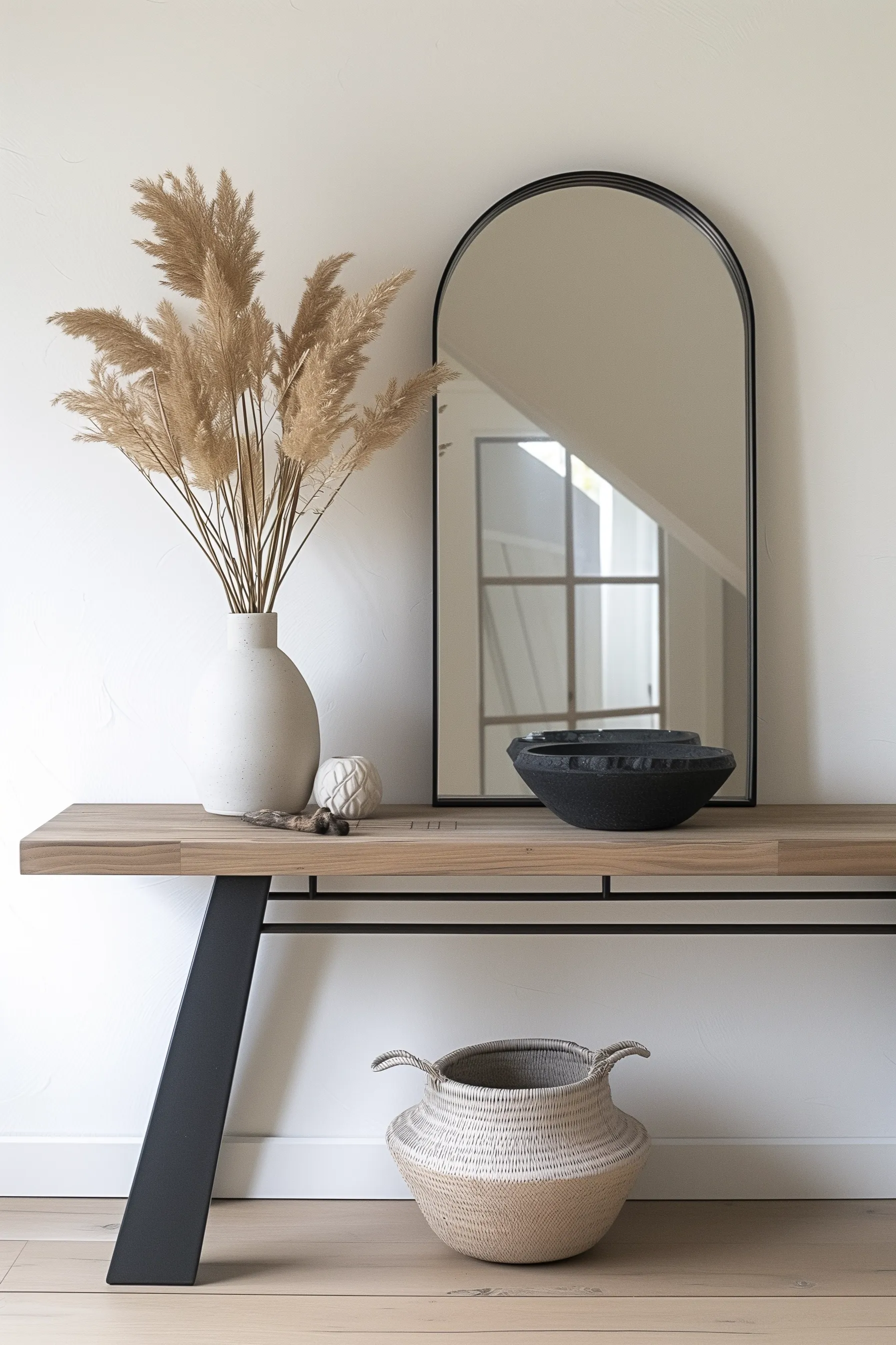 A black and wood entry table with a bowl and arc shaped mirror.