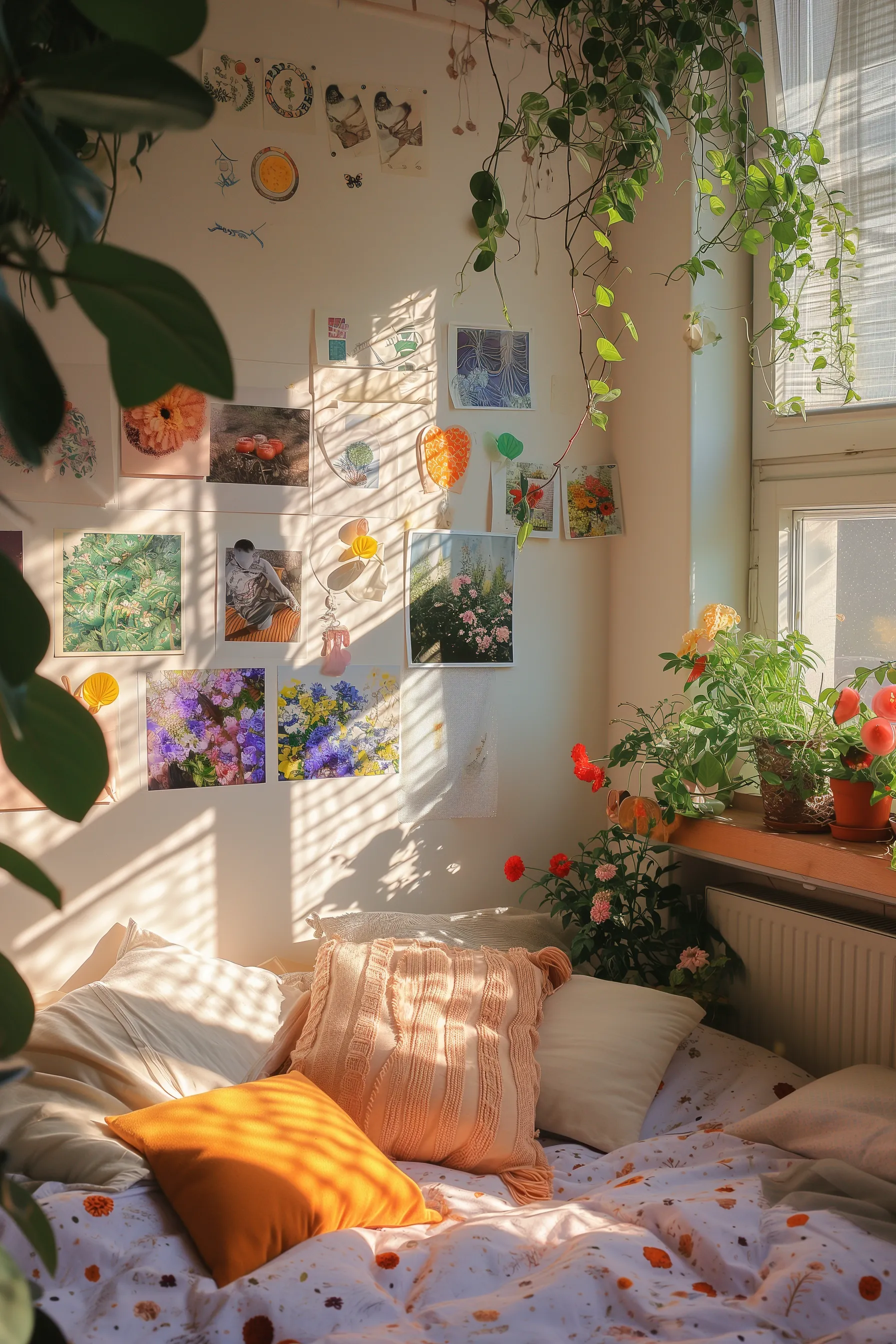 A colorful bedroom with bright throw pillows and lots of flowers.