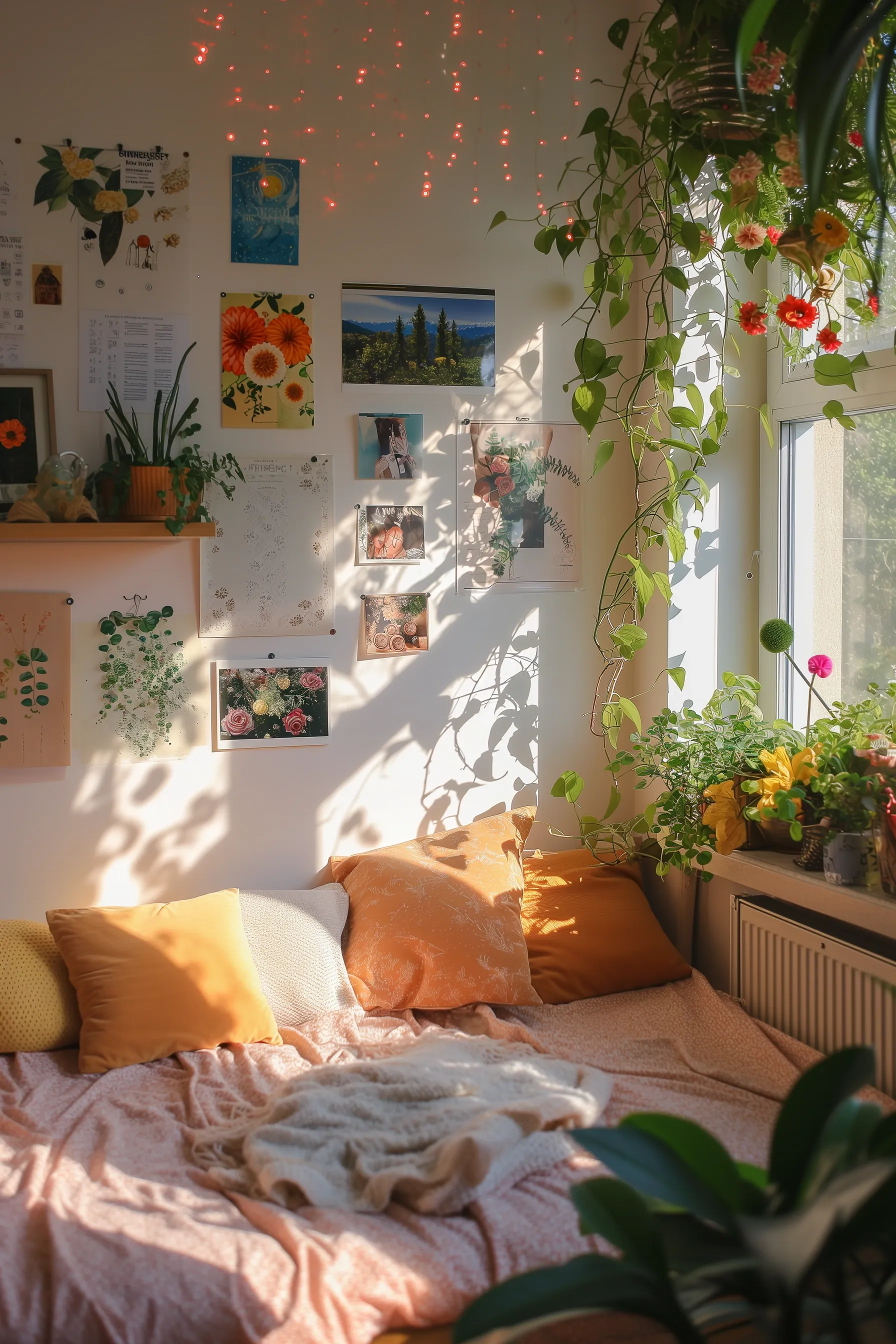 An orange and white bed with lots of photos and plants