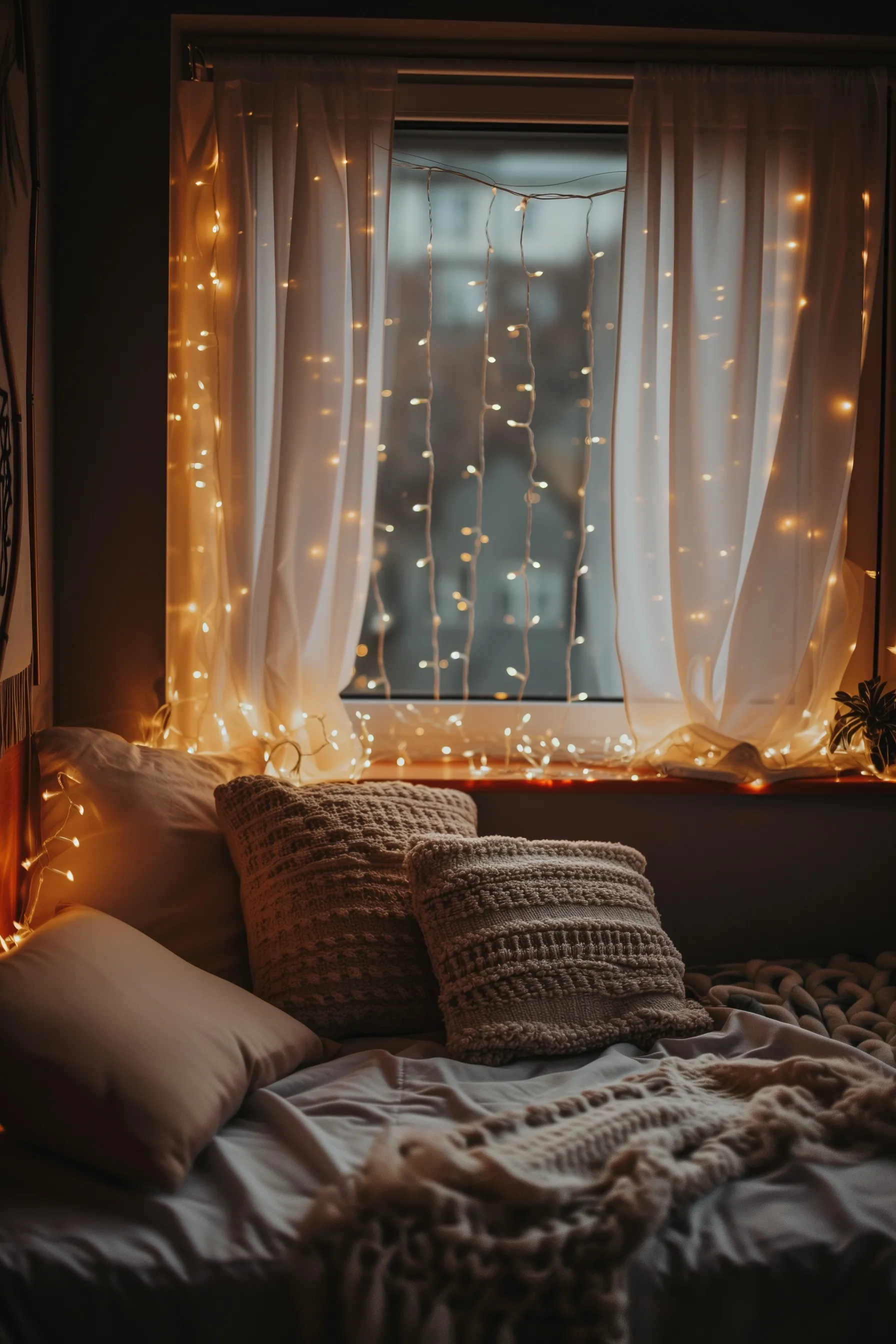 A dark bedroom with patterned throws and fairy lights