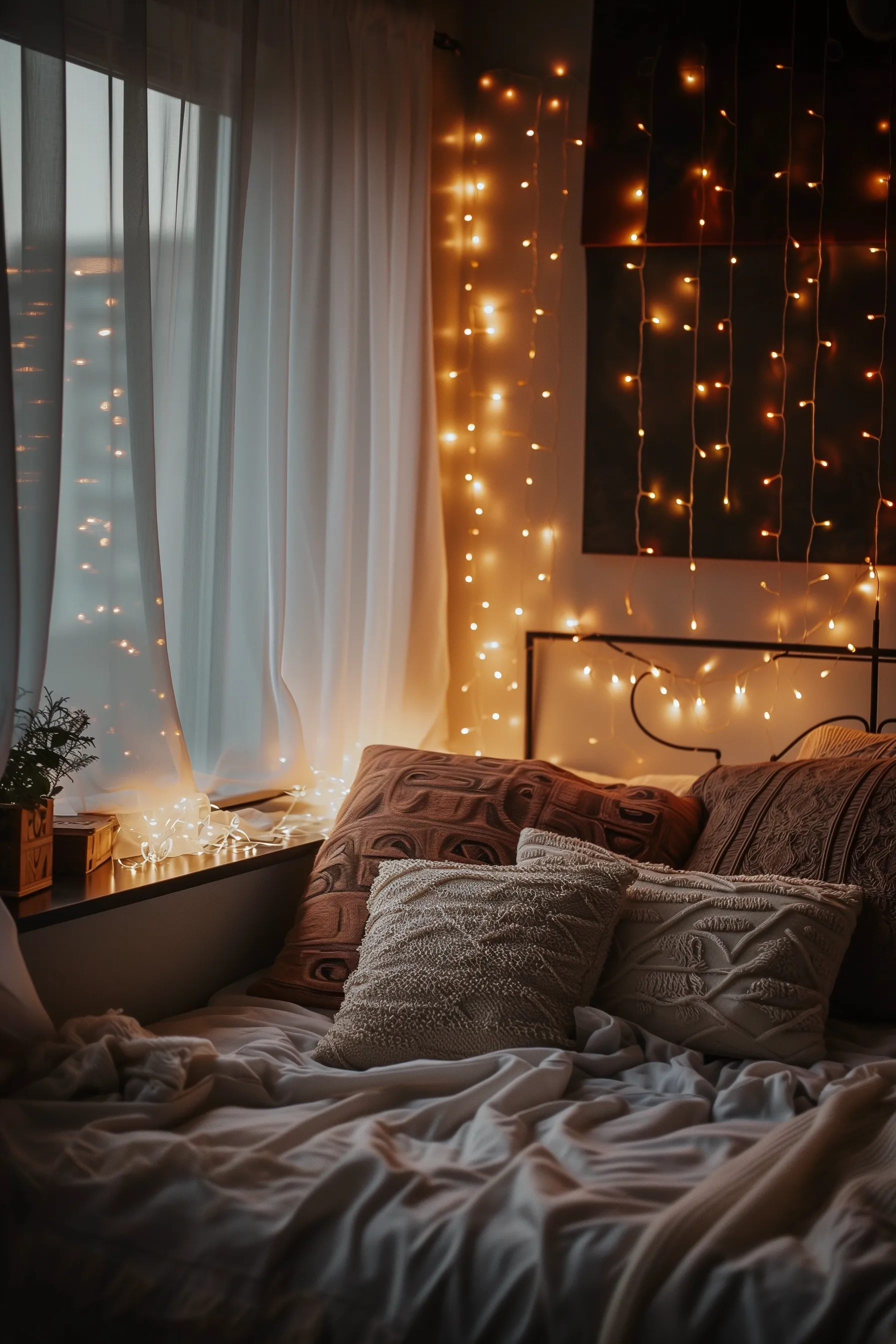 black and white bed linen with fairy lights, boho throw pillows, and pops of color
