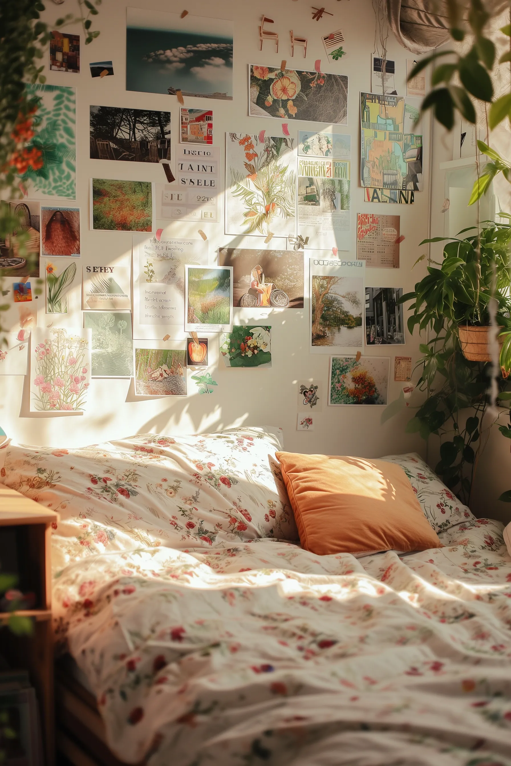 A bedroom with plants, wall art, and washy tape.