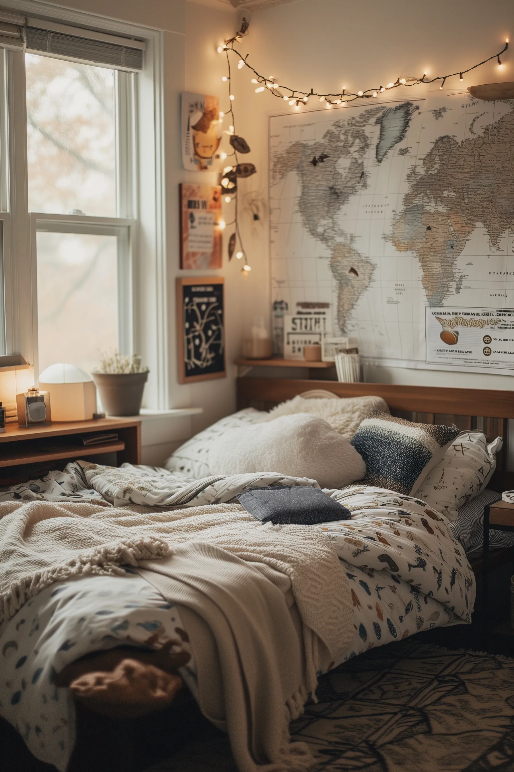 A dorm bedroom with a map poster