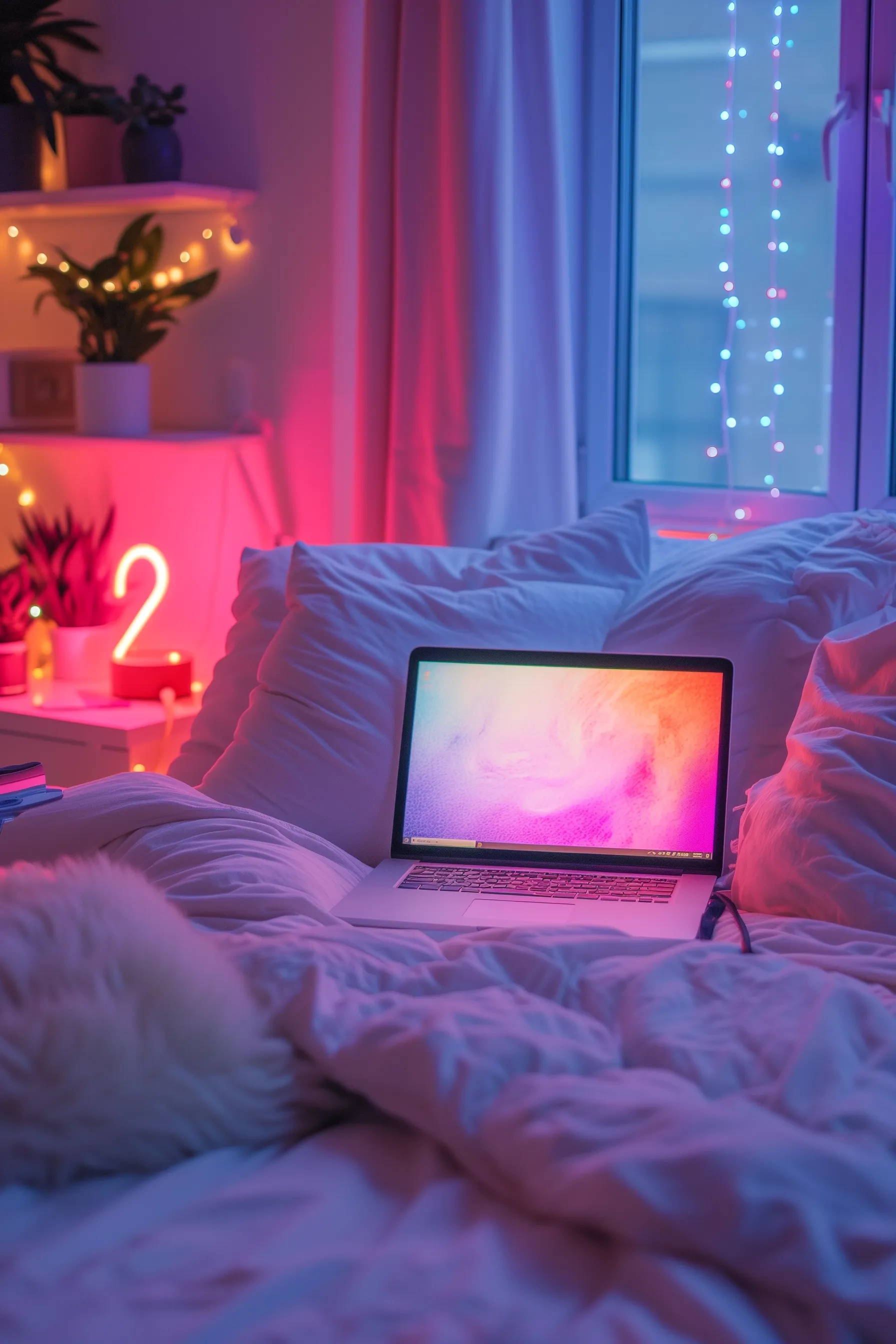 A bedroom with LED lights and fairy lights.