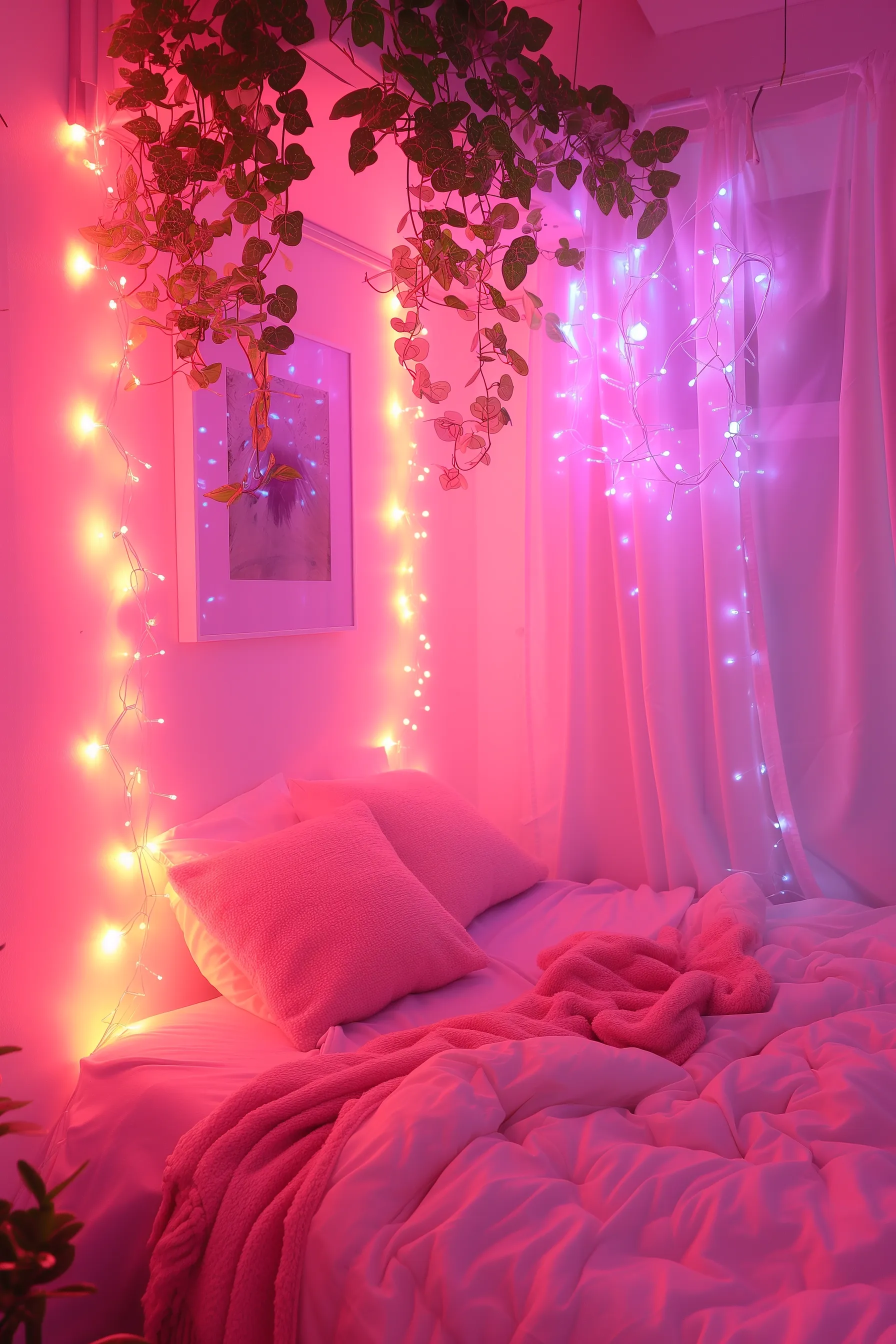 A bed with fairy lights draped around it.and ivy plants