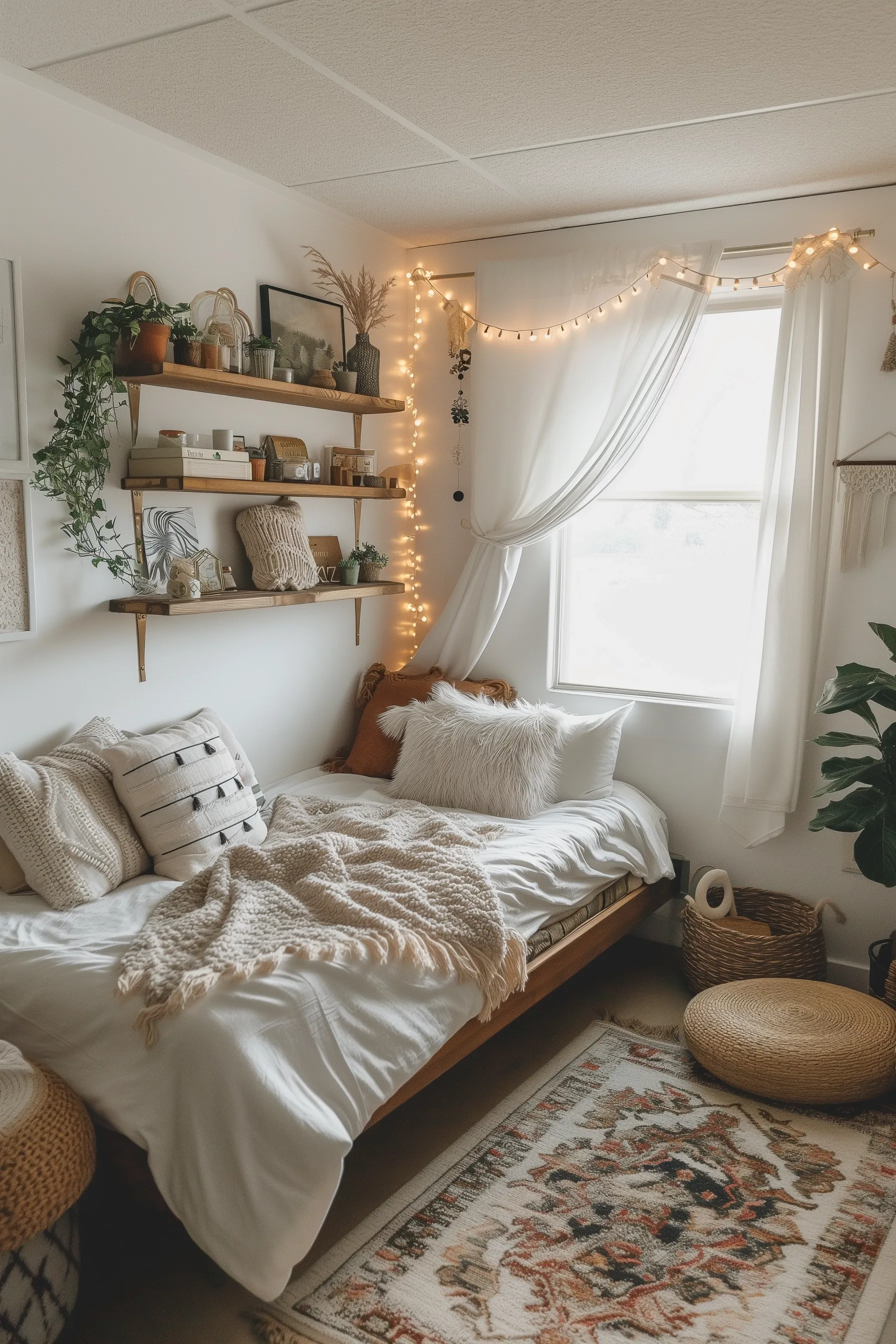 A white boho bedroom with a ottoman and floating shelves