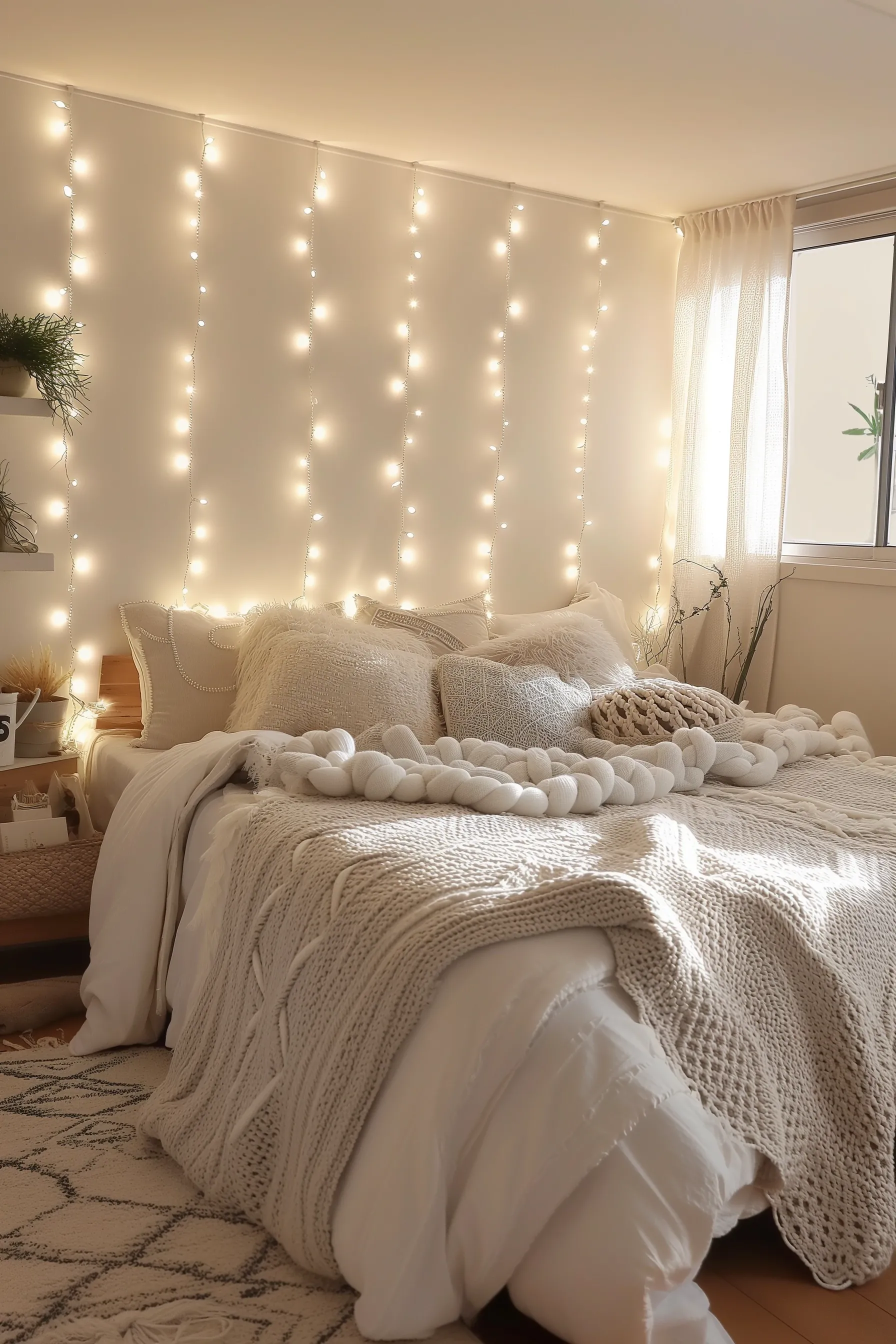 Fairy lights draping down a white dorm room
