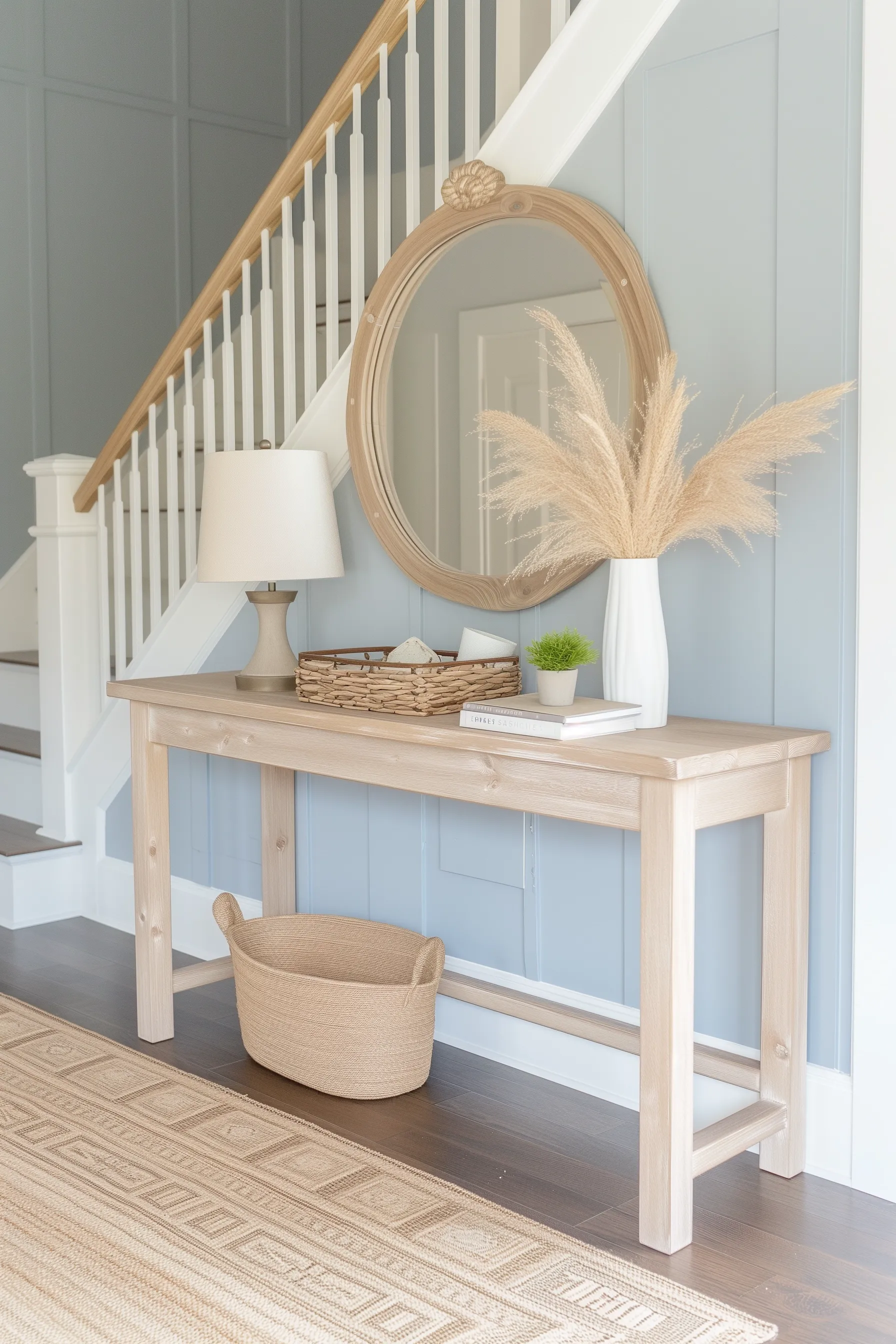 A blue and white entry with pampas grass, a circular mirror and rattan furniture.