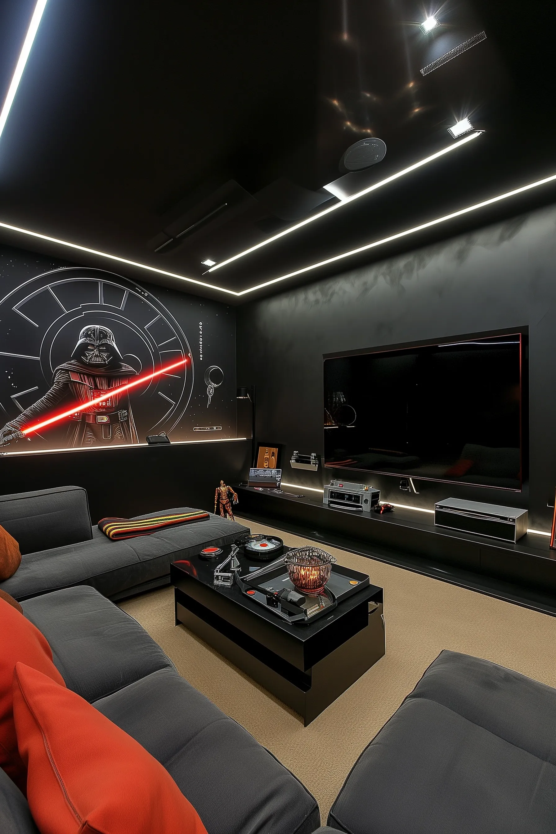 A star wars themed game room with  a black couch