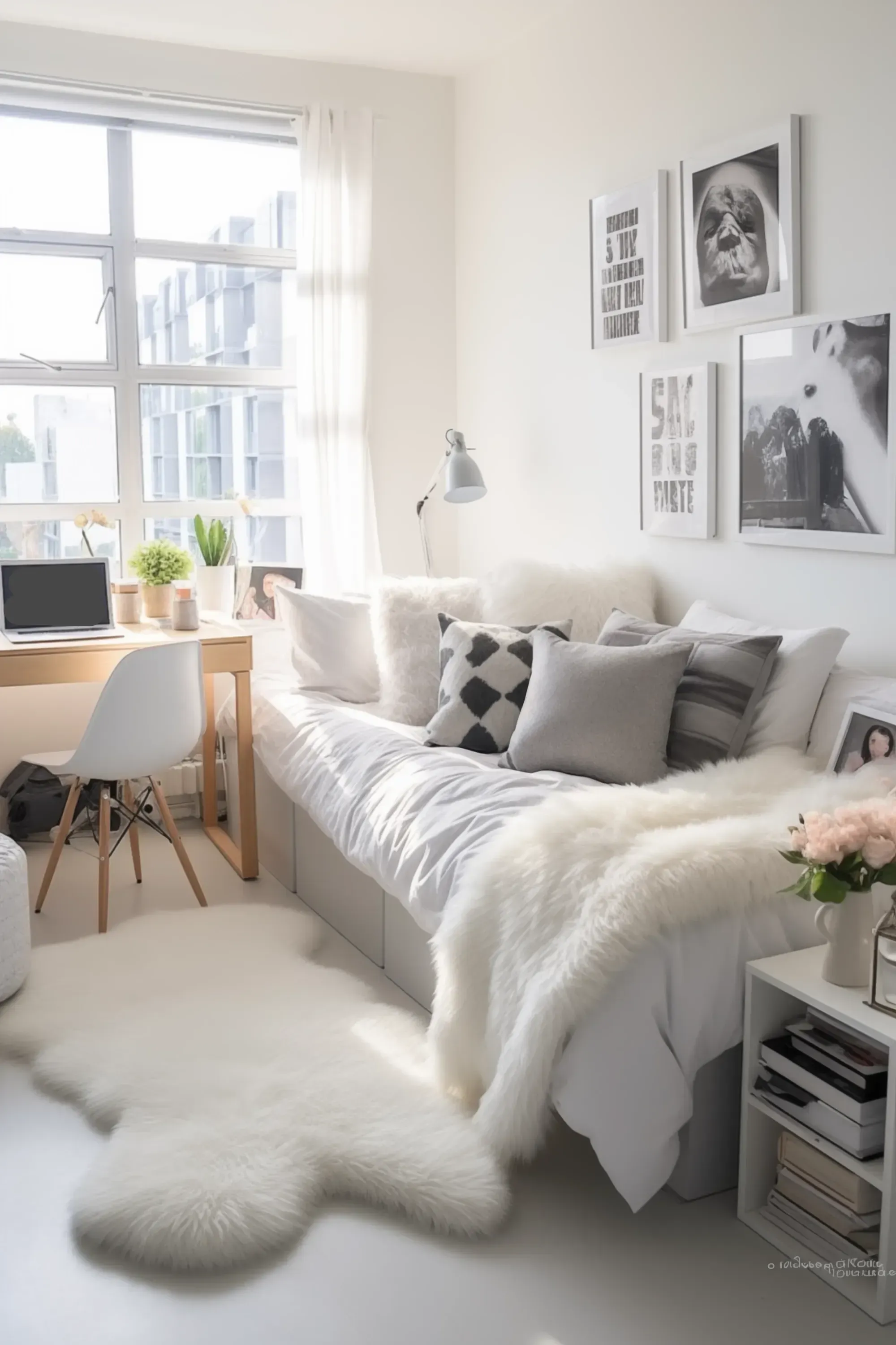 A black and white dorm bedroom with fluffy rugs and throw pillows