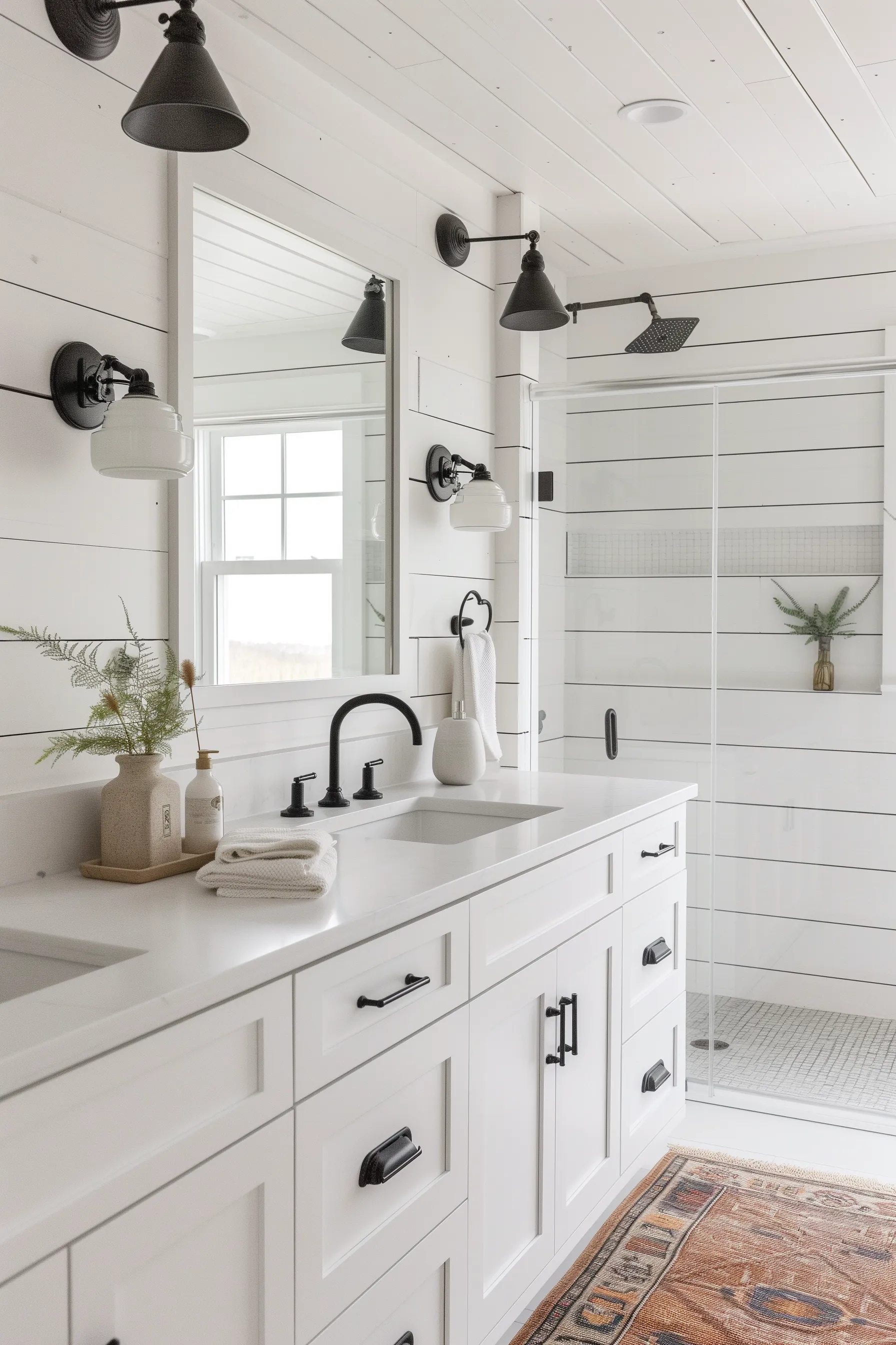 A white bathroom with black hardware