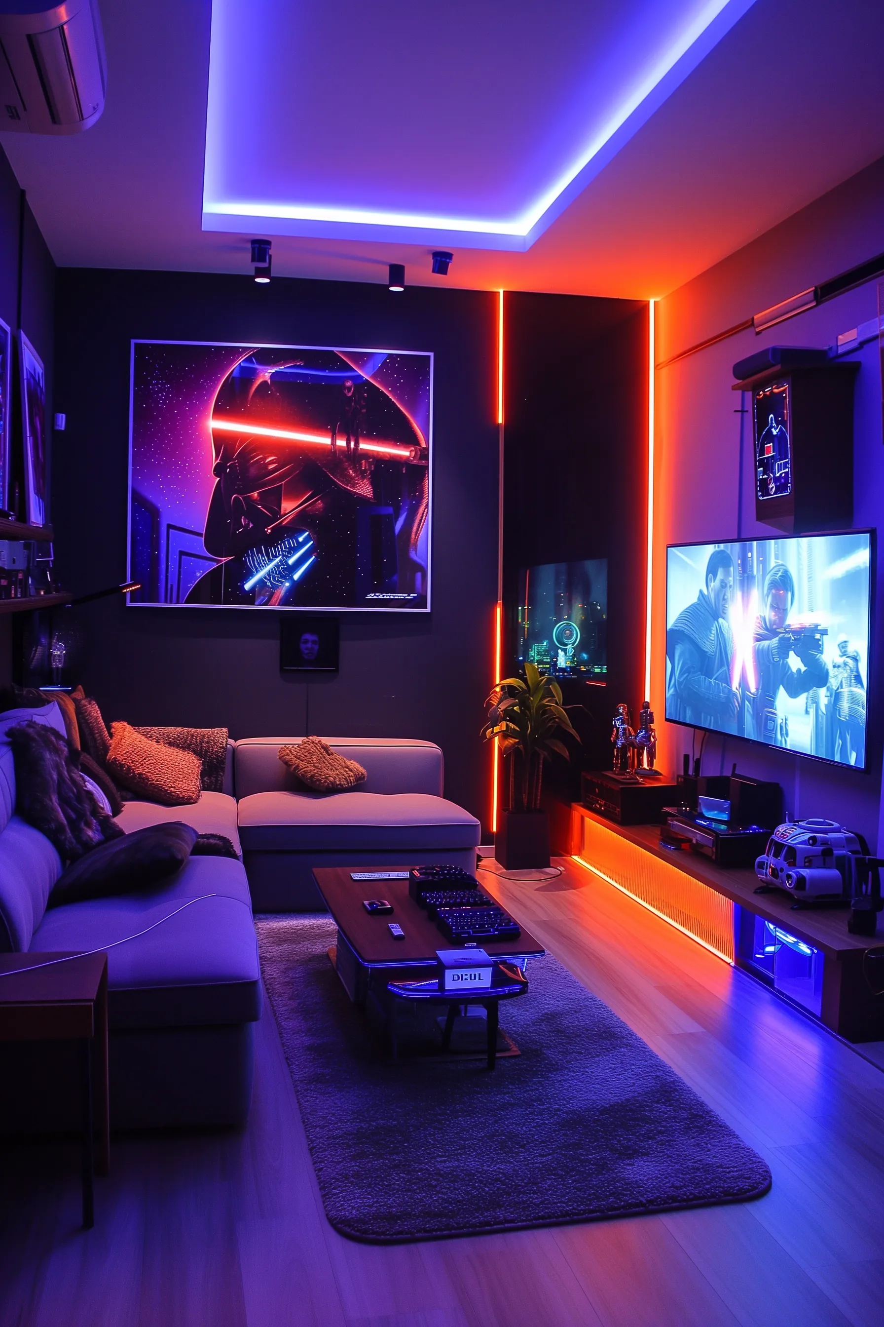 A star wars game room with LED lights