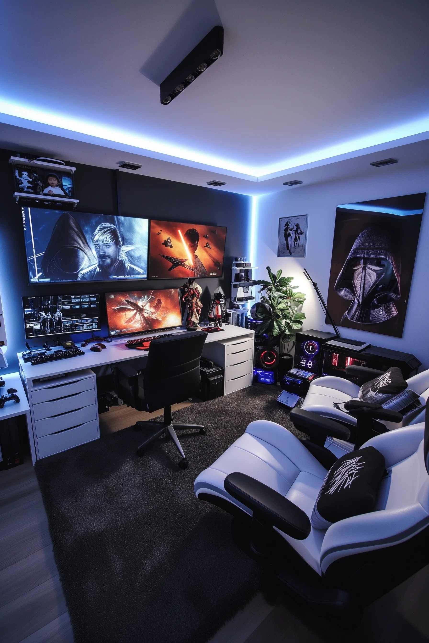 White reclining game chairs and star wars posters