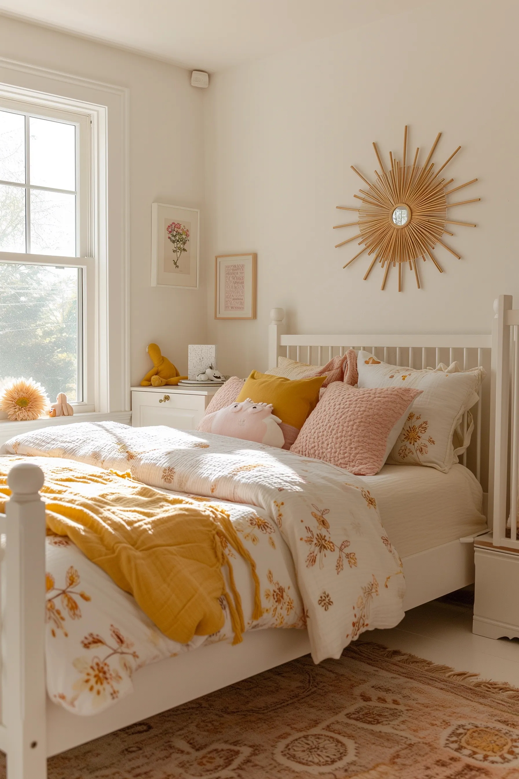 Orange and white floral bedding on a white bed