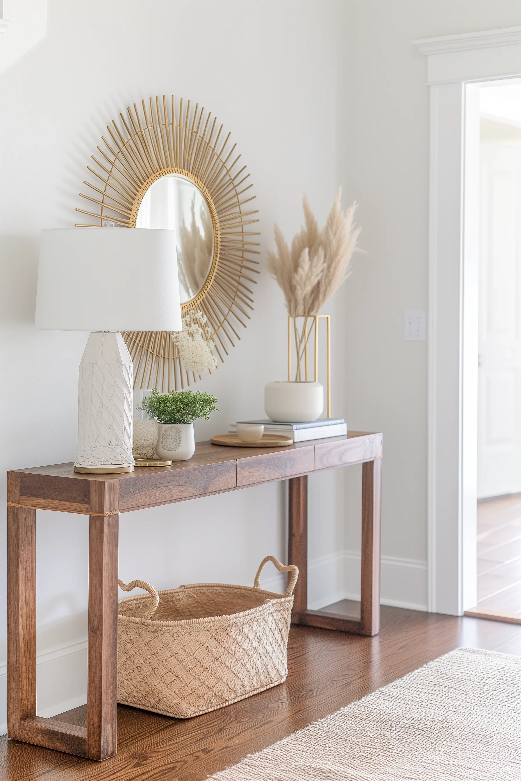 A bohemian entry table with a sun mirror, gold accents and a table lamp.