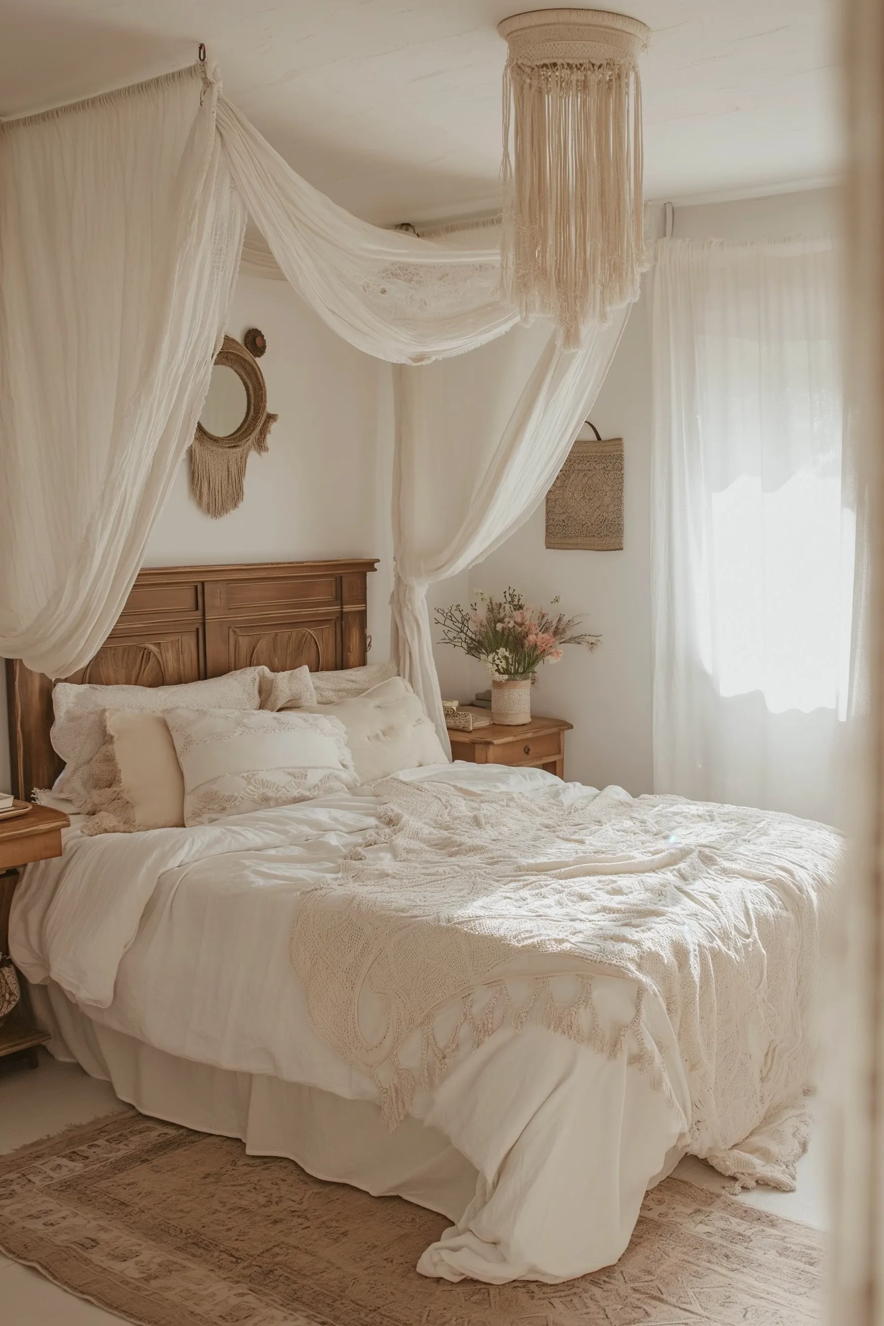 A white bedroom with a canopy and throw blankets