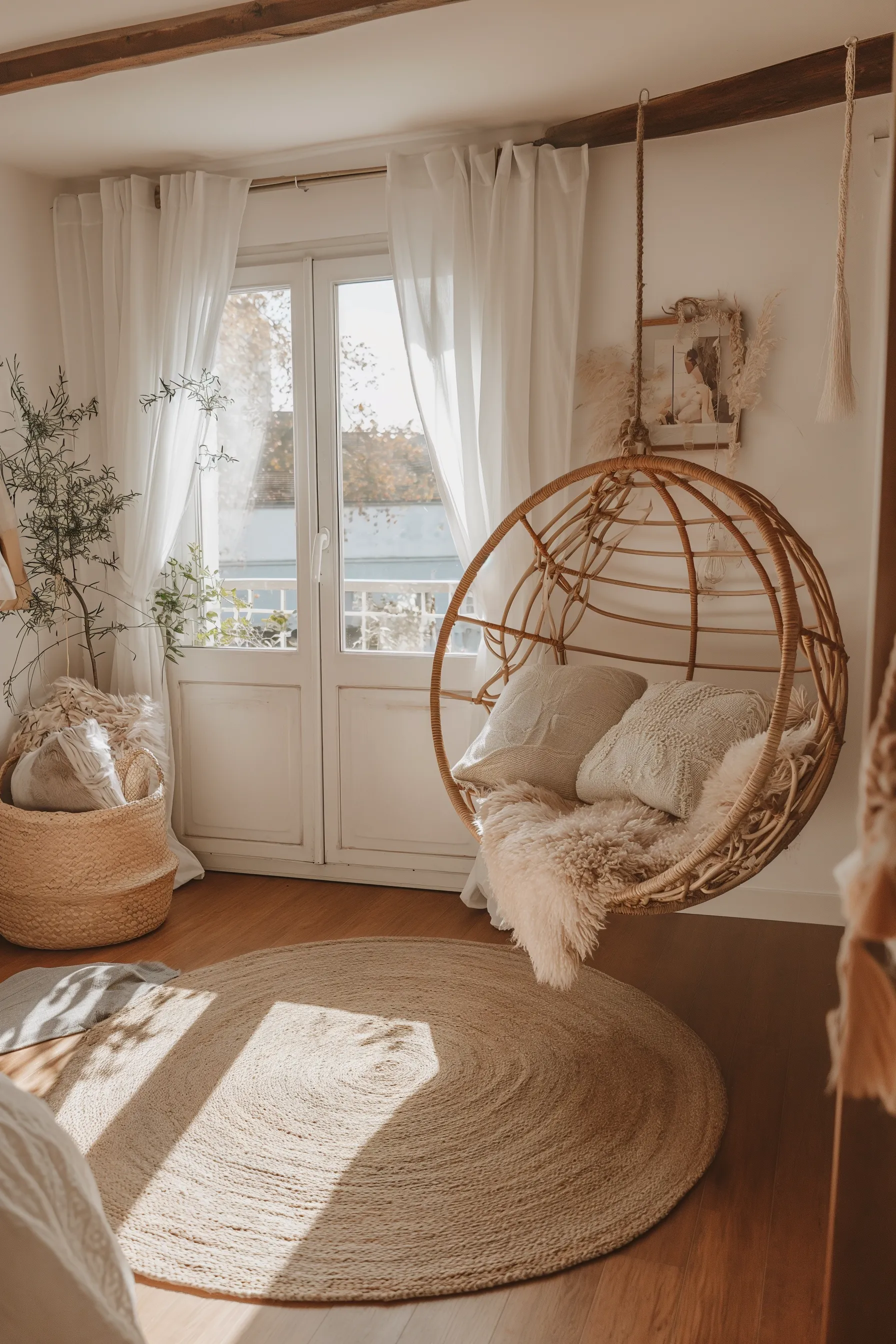 A boho bedroom with an egg chair and woven rug