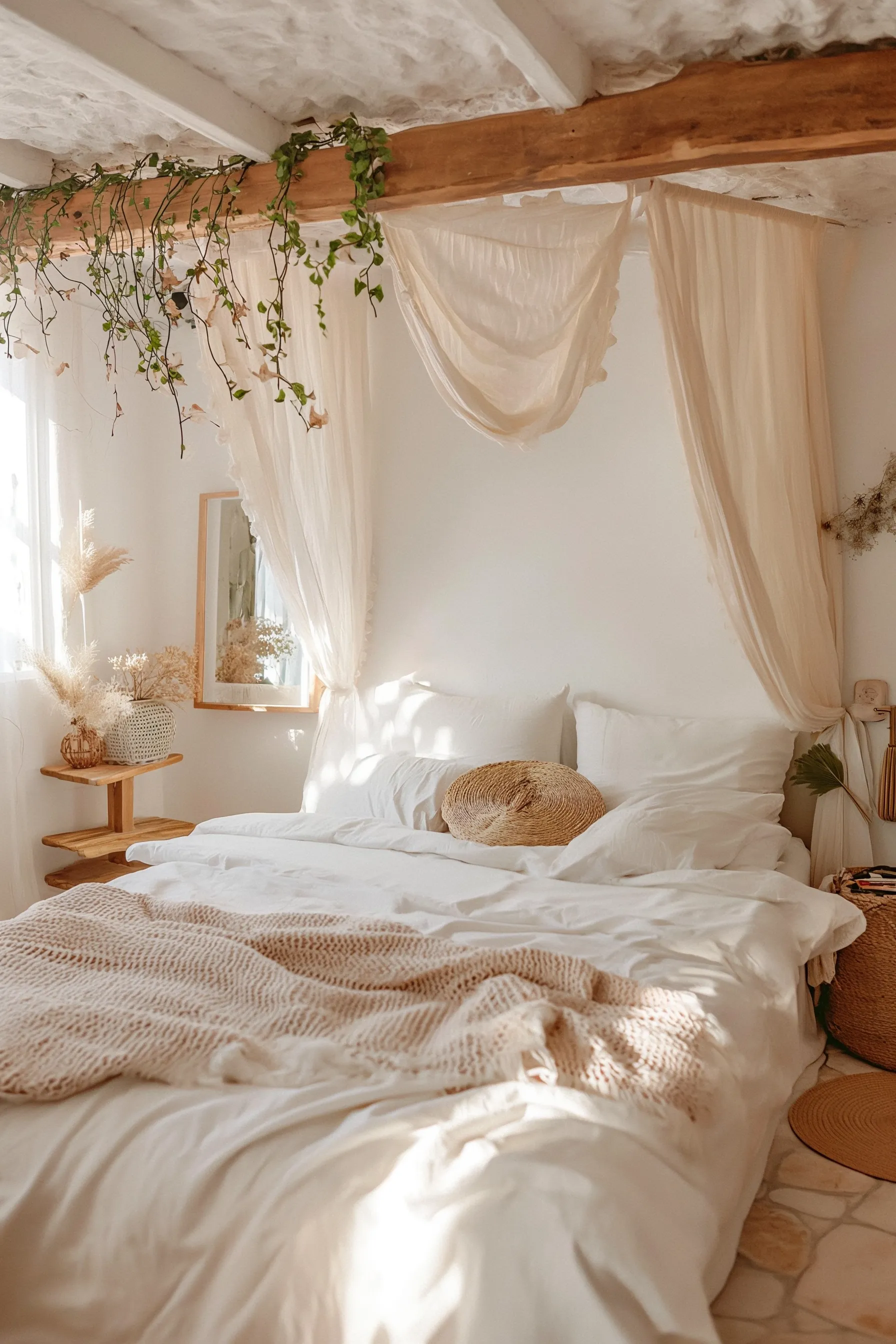 white boho bedroom with throw blankets and ivy