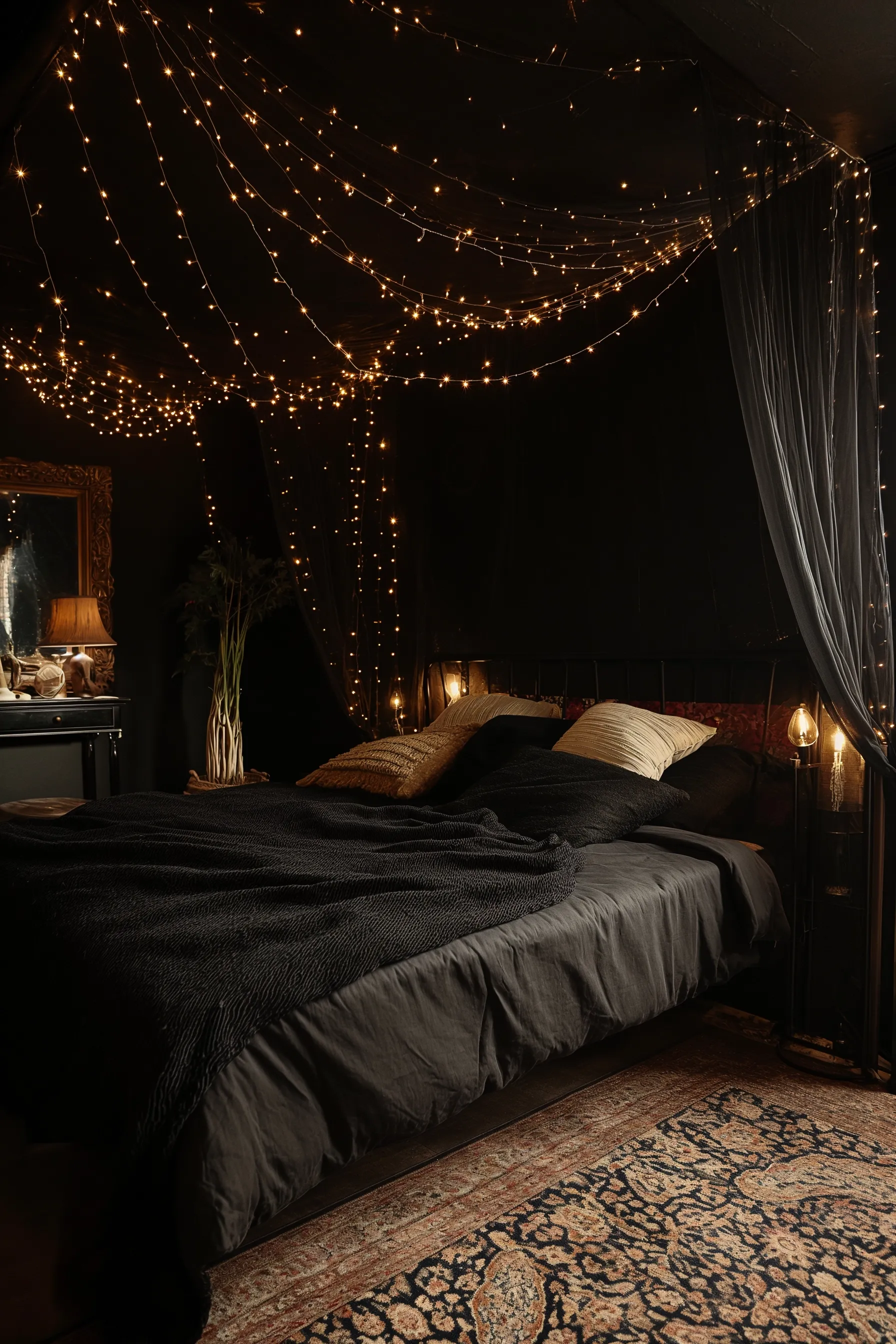 A dark boho bedroom with a canopy over the bed and fairy lights