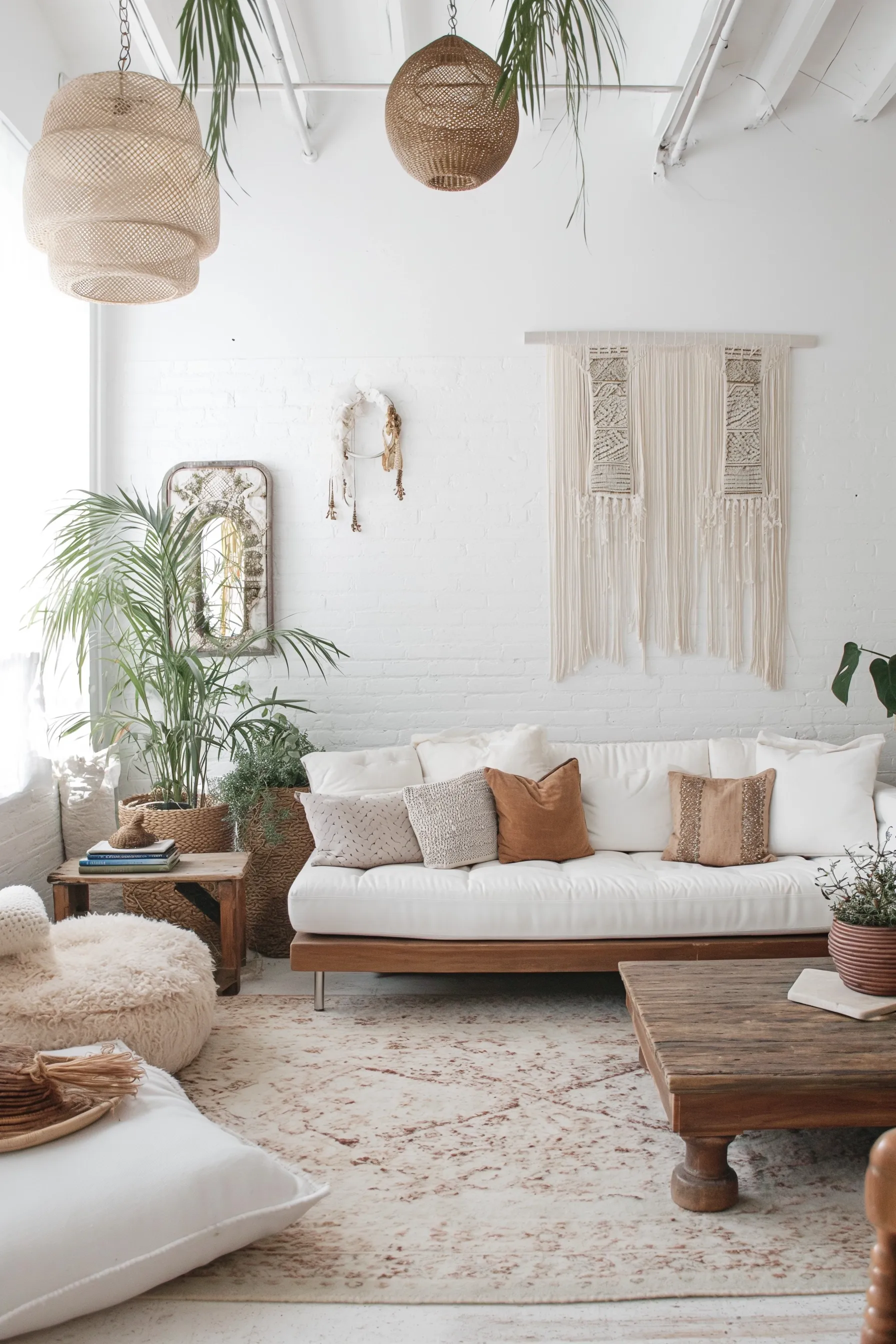 a bohemian style living room filled with furniture and plants