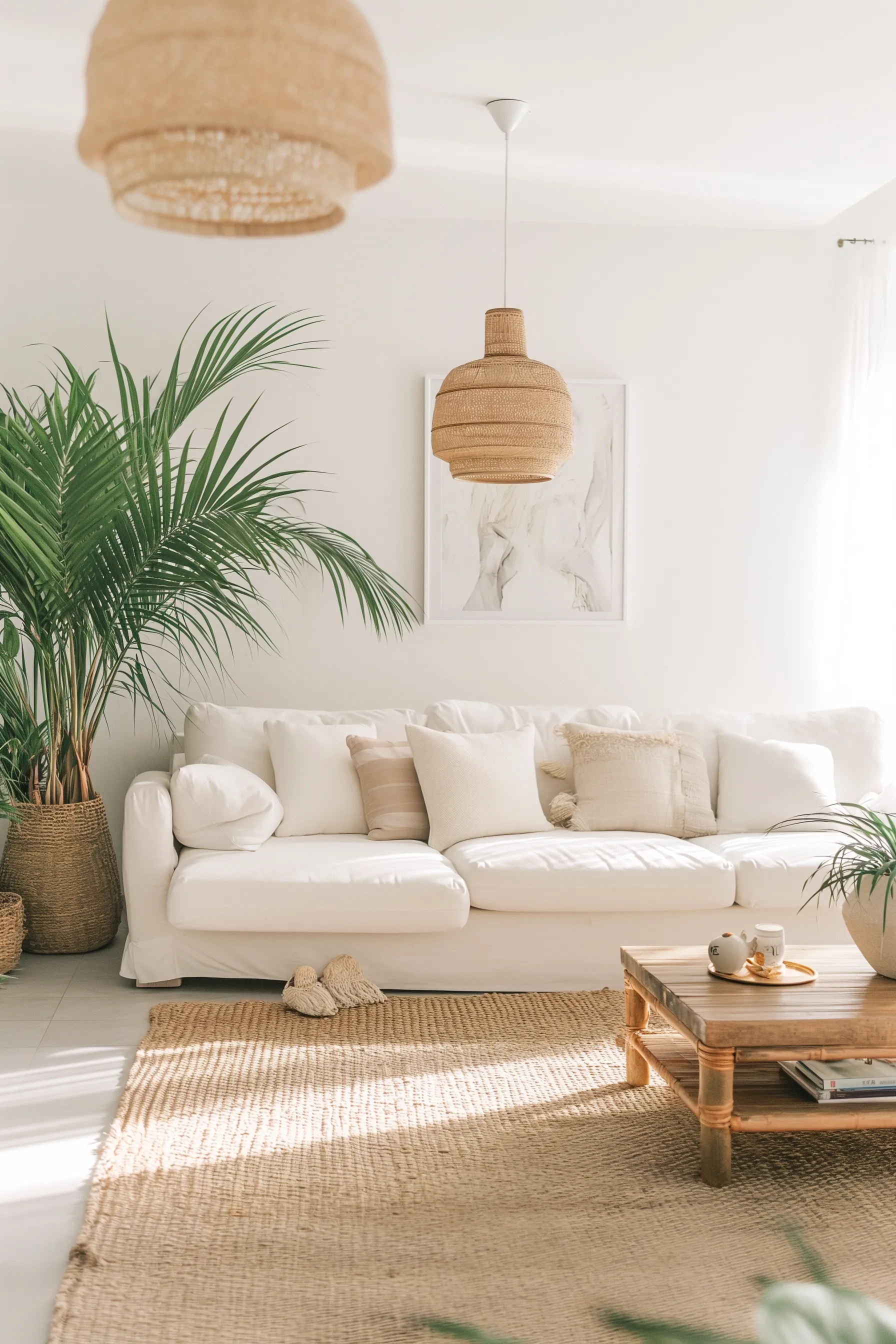 white living room with natural material accents