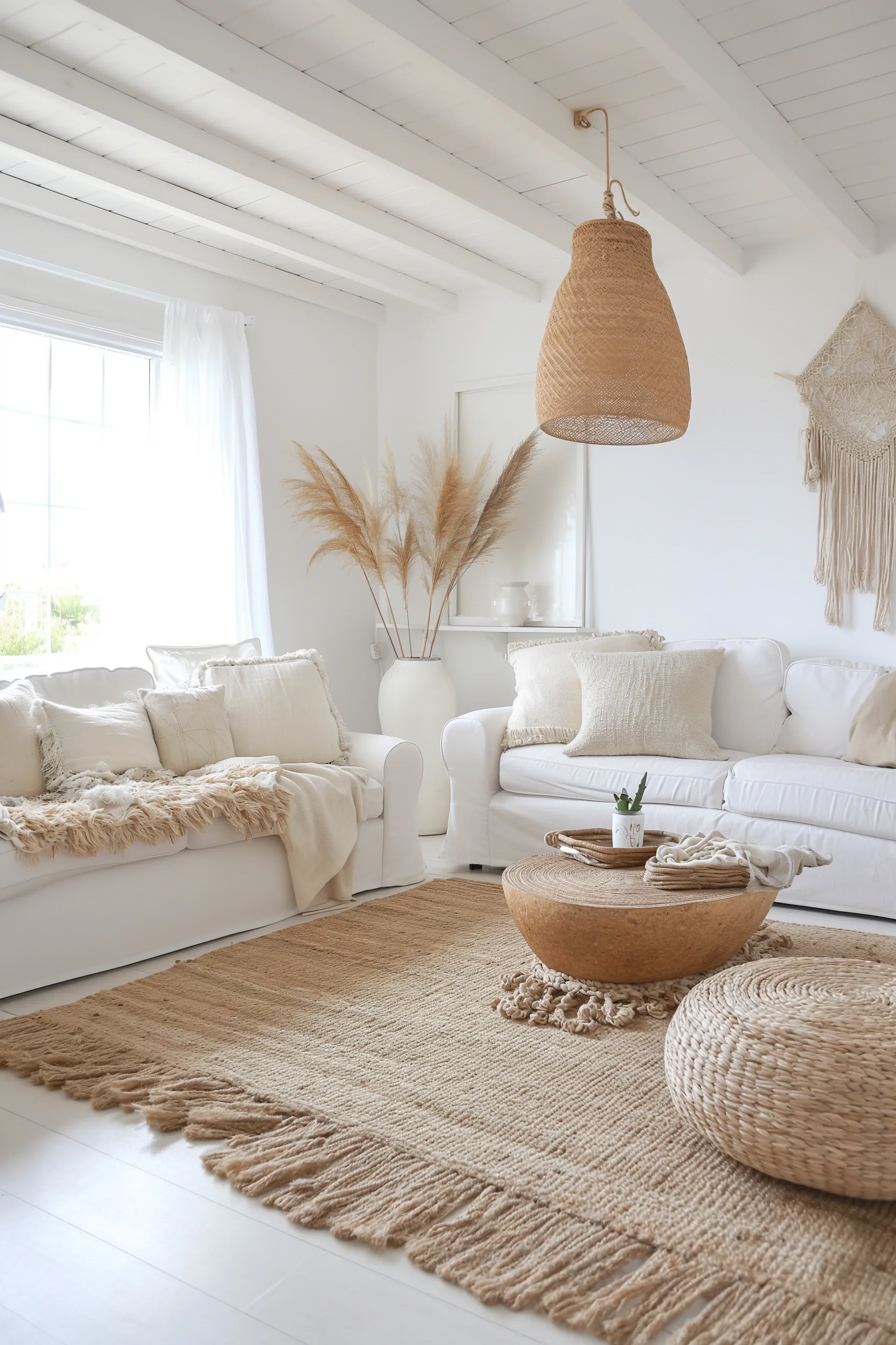 white couches with natural material rugs and ottomans