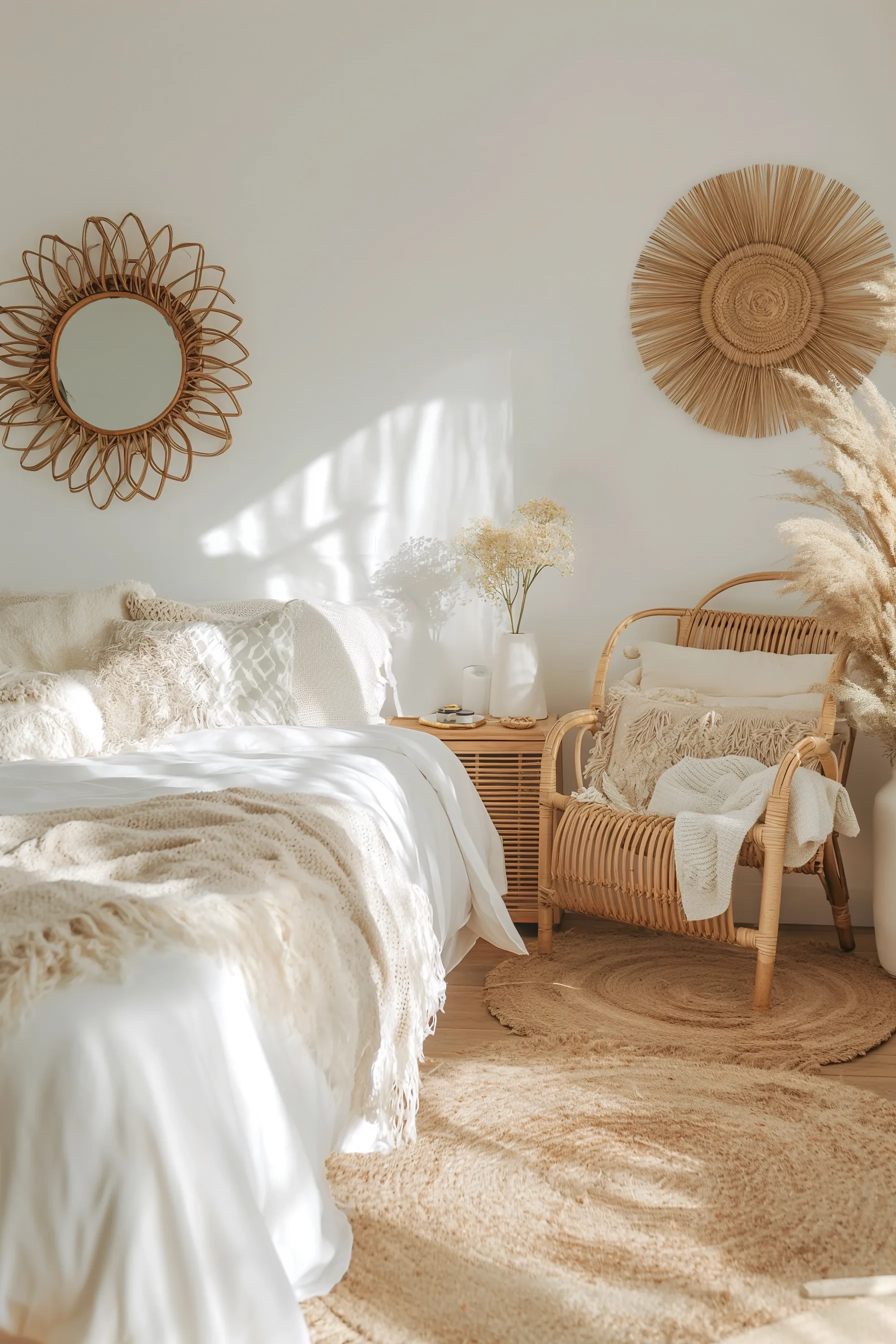 A white boho bedroom with rugs, a flower mirror, white duvet, pampas grass and boho bedding.