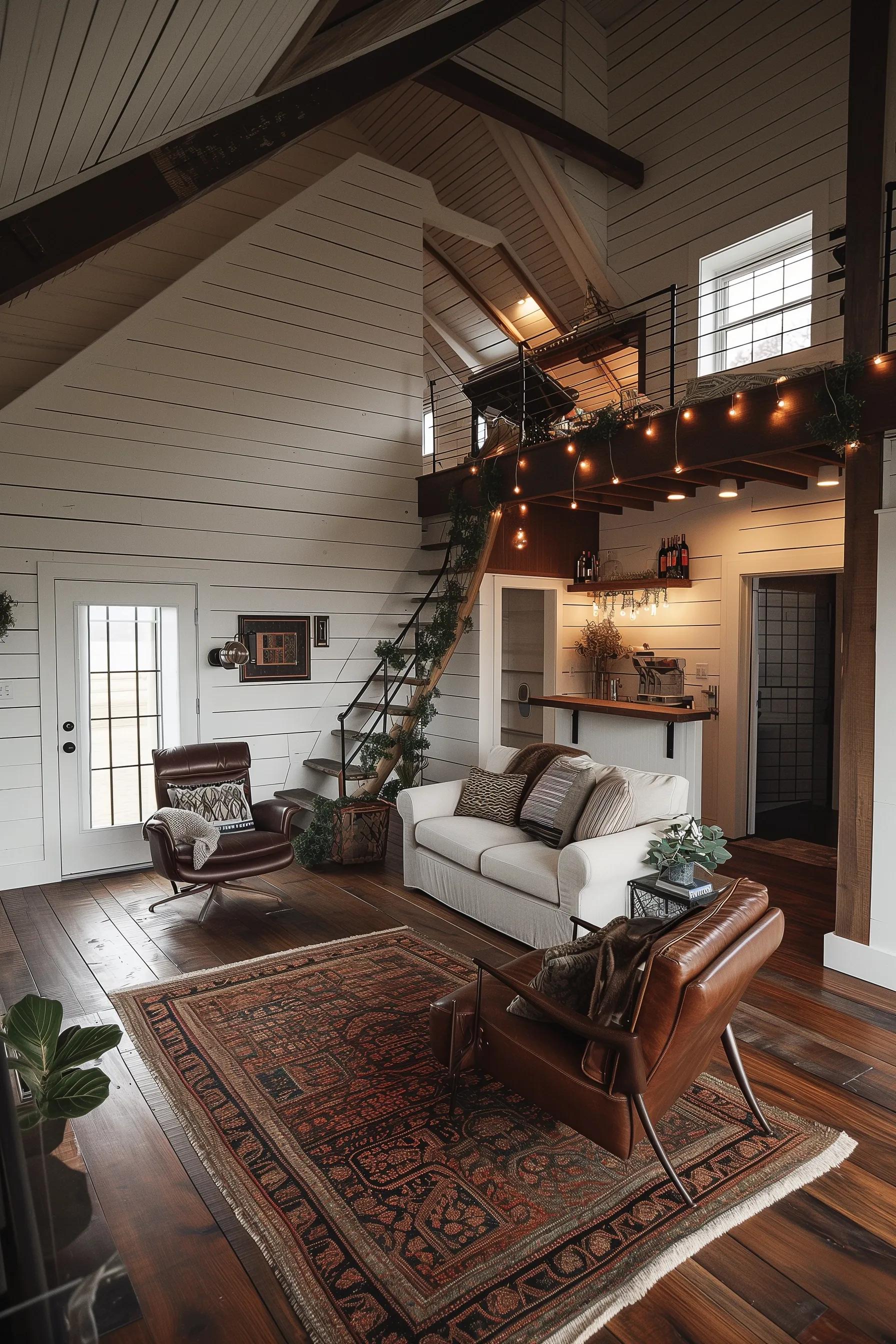 A pole barn with leather chairs and green plants wrapping around the stairs