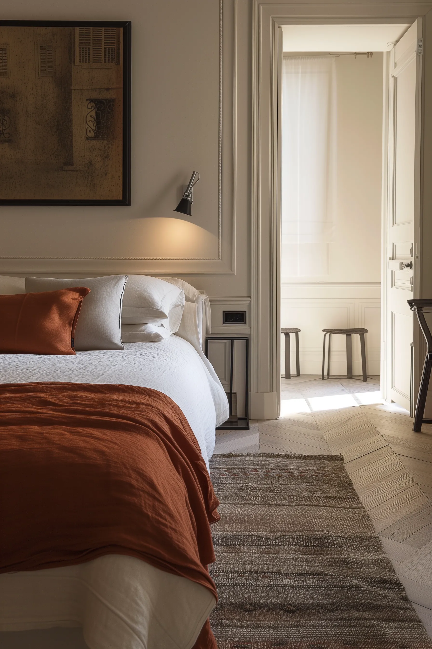 A white modern bedroom with burnt orange decor