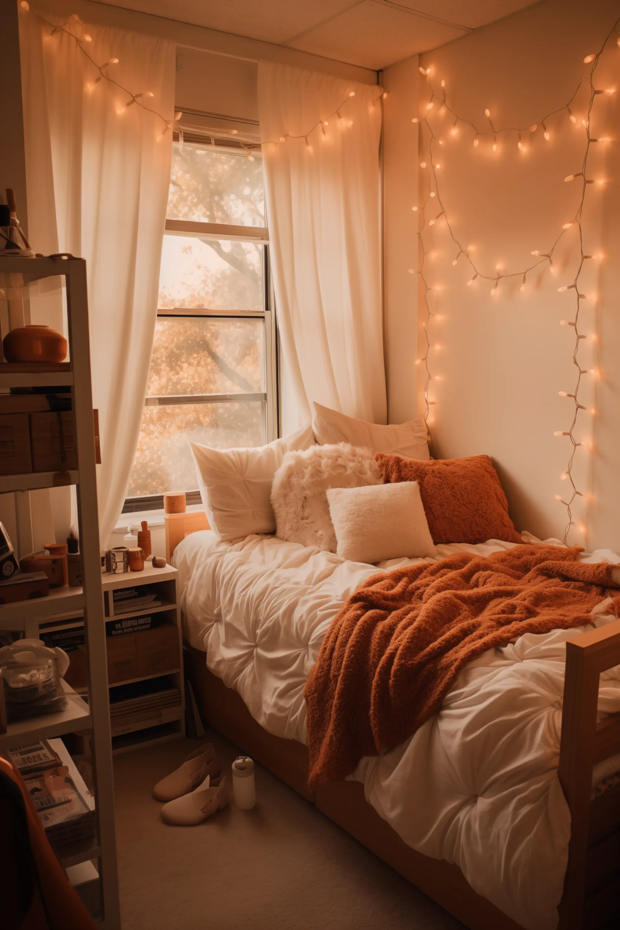 Fairy lights draped around a room with natural materials