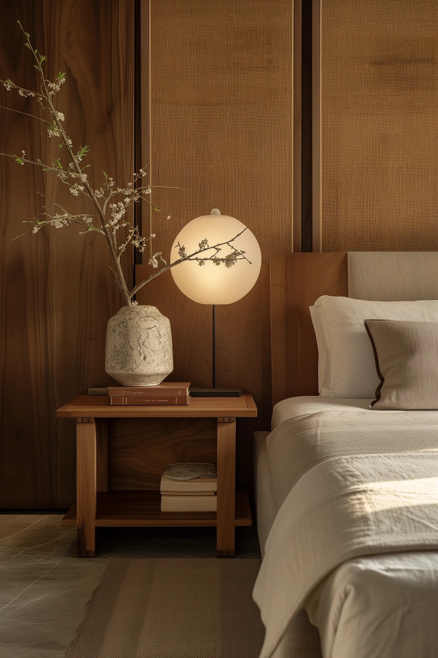 A marble vase and circle light in a bedroom