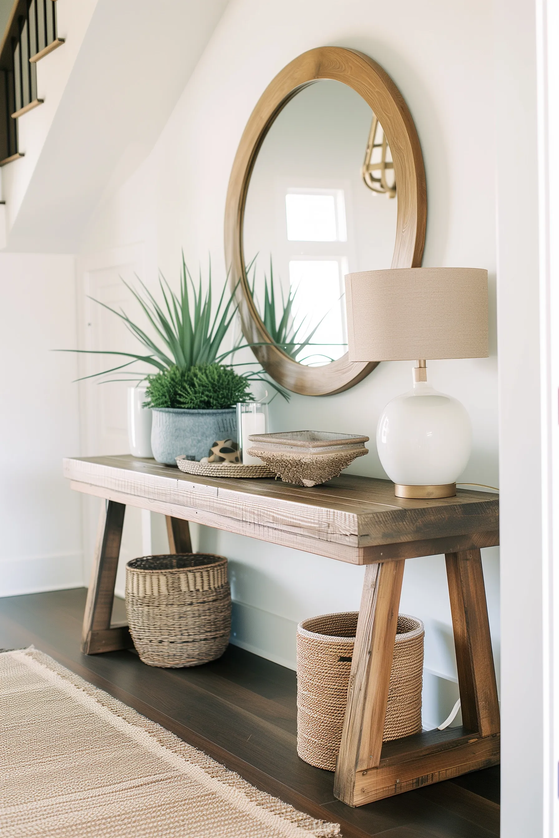 A darker wooden entry table with a lamp, plants and circular mirror