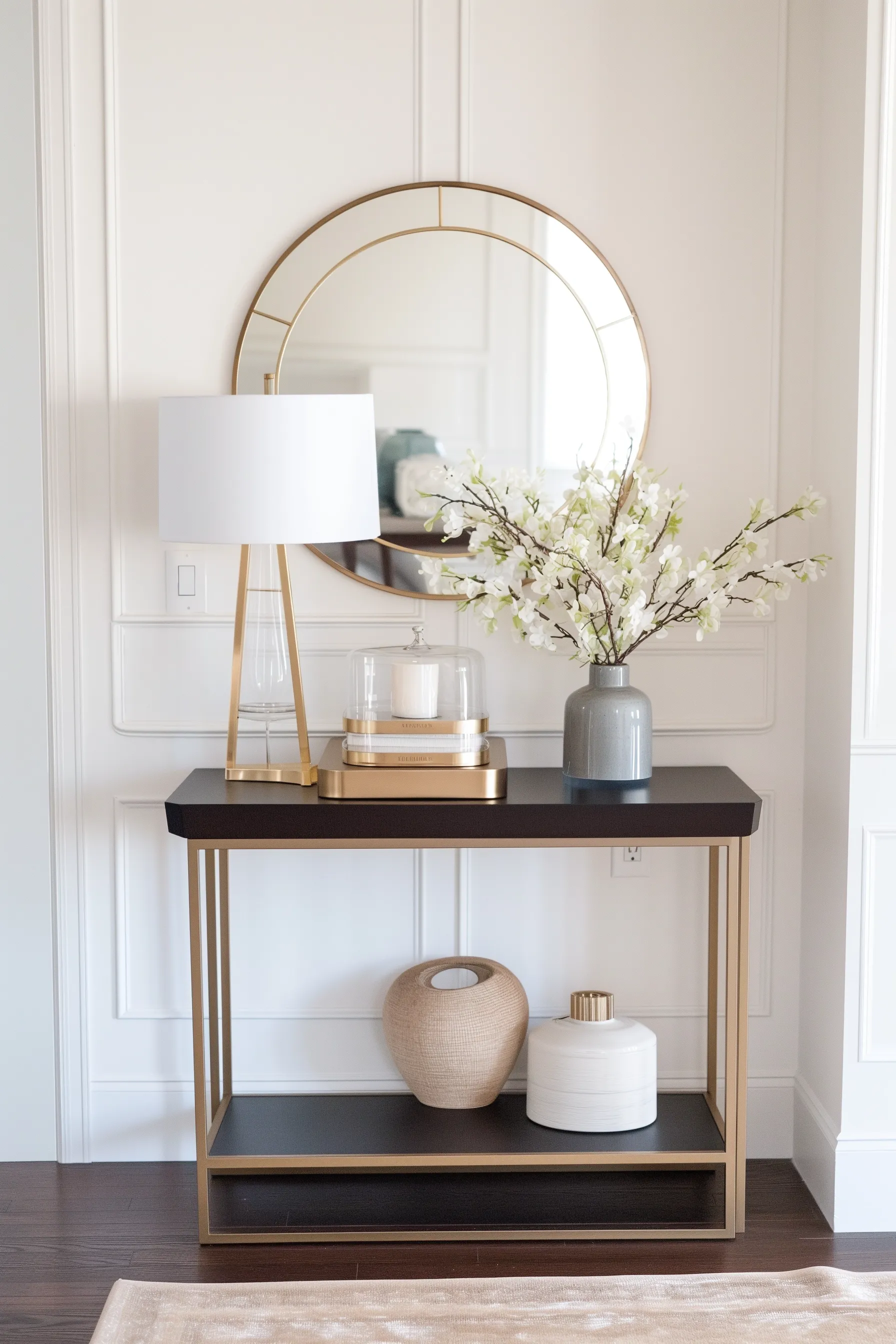 A black and gold metal entry table