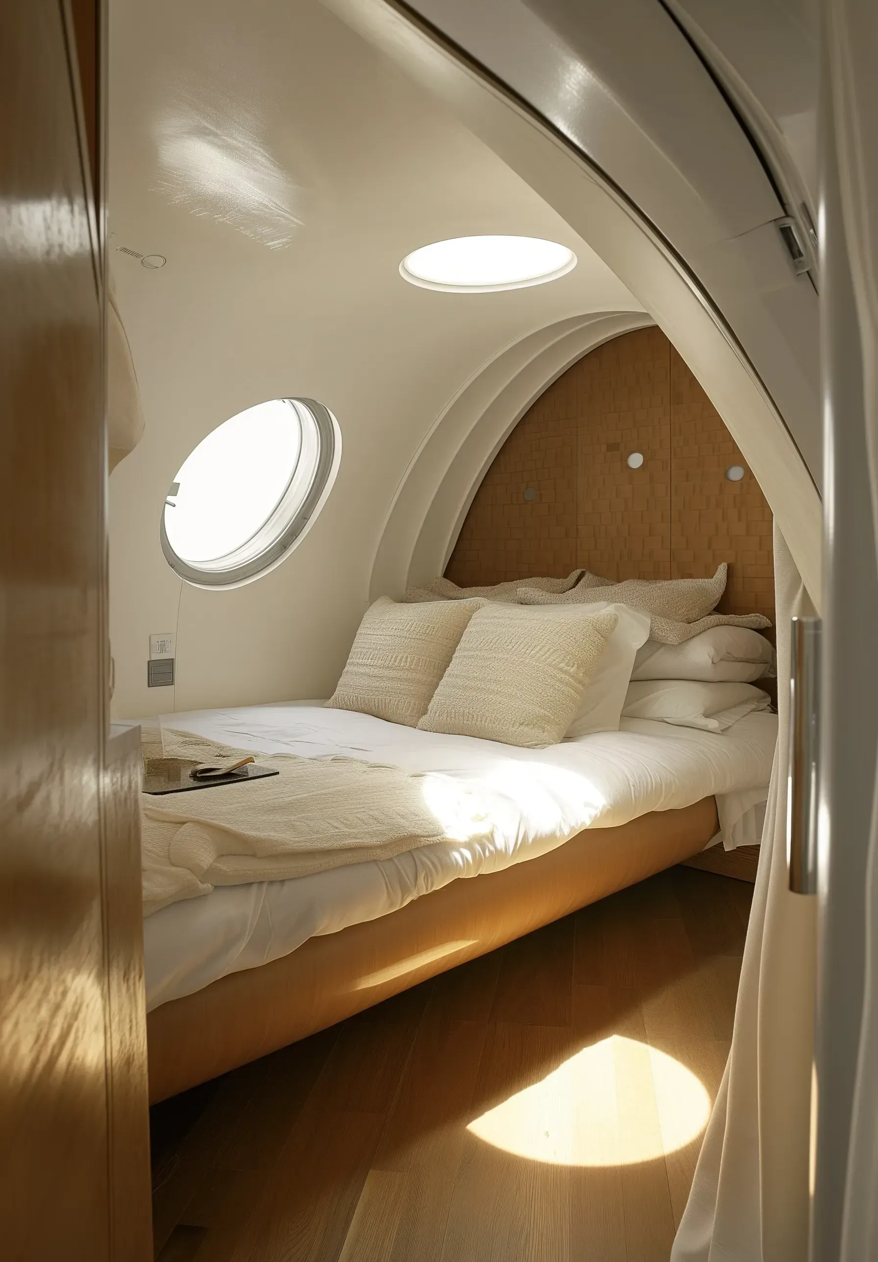 white futuristic room with circular window