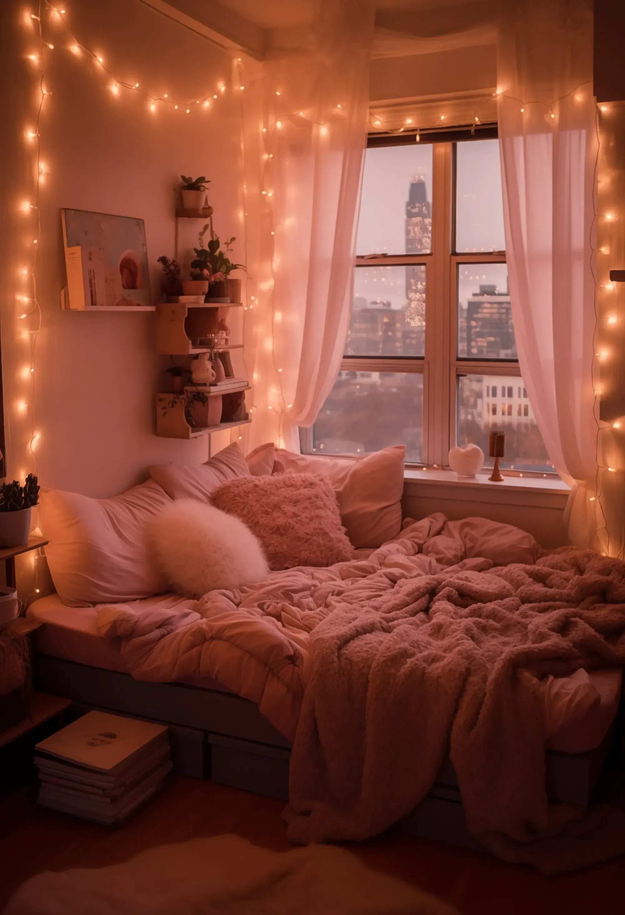 An orange and terracotta dorm bedroom with fairy lights