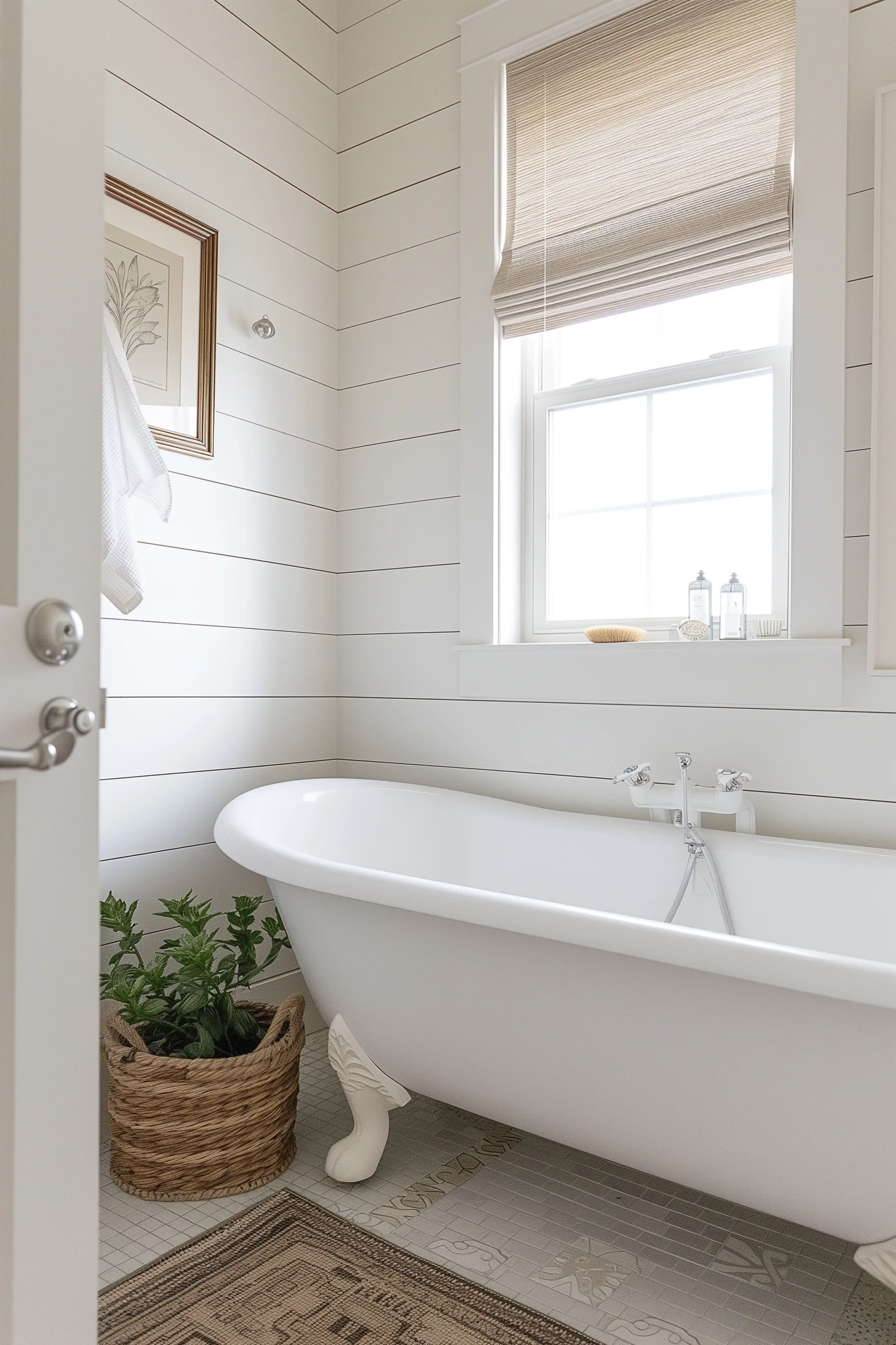 A white clawfoot tub with tiled ground and shiplap walls